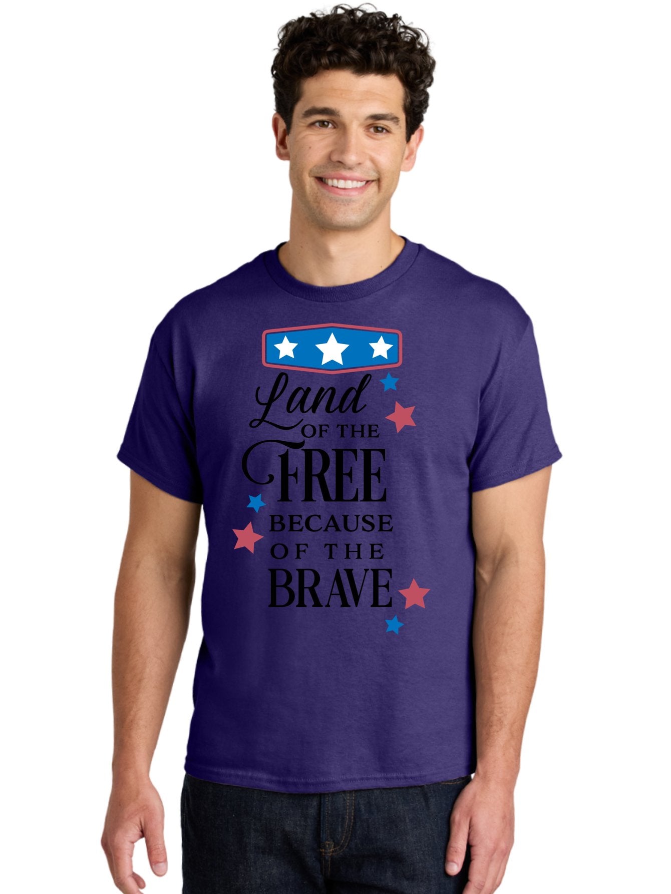 Land-Of-Free-Because-Of-Brave Men'S Graphic Tee, 100% Cotton, Comfortable Casual Summer Wear, Machine Washable, Patriotic Quote, Inspirational Phrase, Red White And Blue Theme, Freedom And Bravery, Stars And Stripes, Usa Pride, Aac924 23
