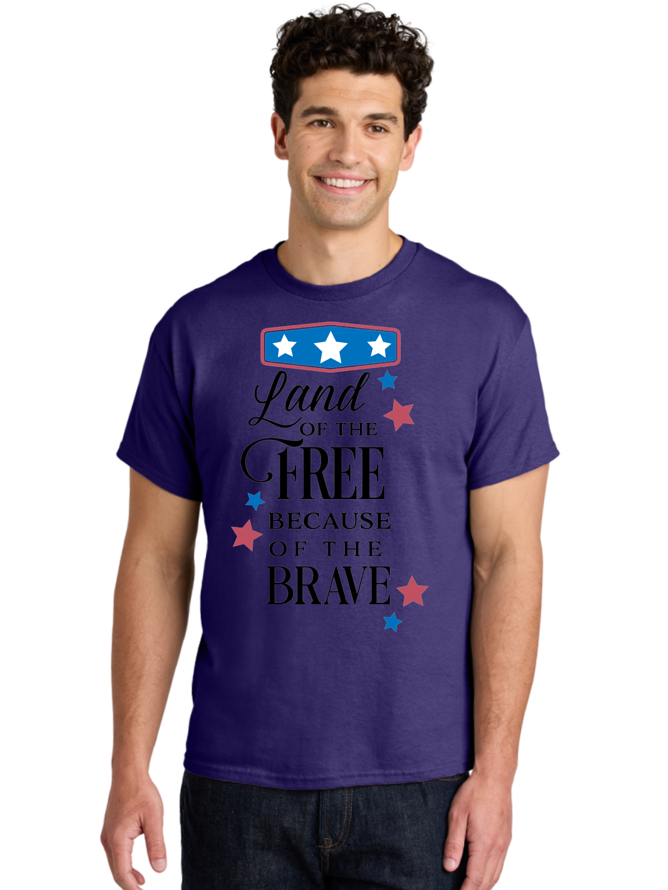 Land-Of-Free-Because-Of-Brave Men'S Graphic Tee, 100% Cotton, Comfortable Casual Summer Wear, Machine Washable, Patriotic Quote, Inspirational Phrase, Red White And Blue Theme, Freedom And Bravery, Stars And Stripes, Usa Pride, Aac924 16