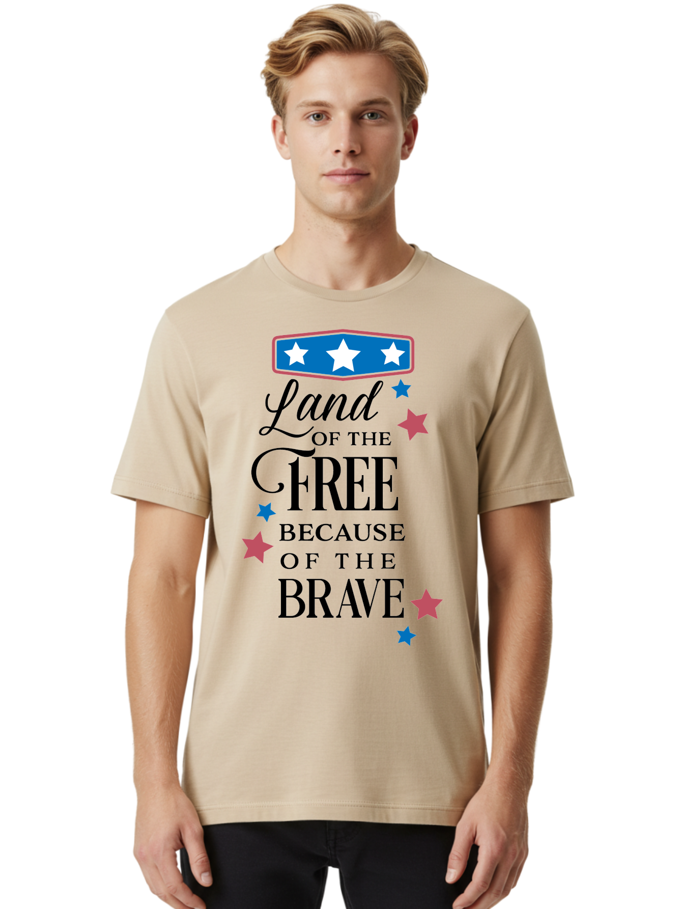 Land-Of-Free-Because-Of-Brave Men'S Graphic Tee, 100% Cotton, Comfortable Casual Summer Wear, Machine Washable, Patriotic Quote, Inspirational Phrase, Red White And Blue Theme, Freedom And Bravery, Stars And Stripes, Usa Pride, Aac924 30