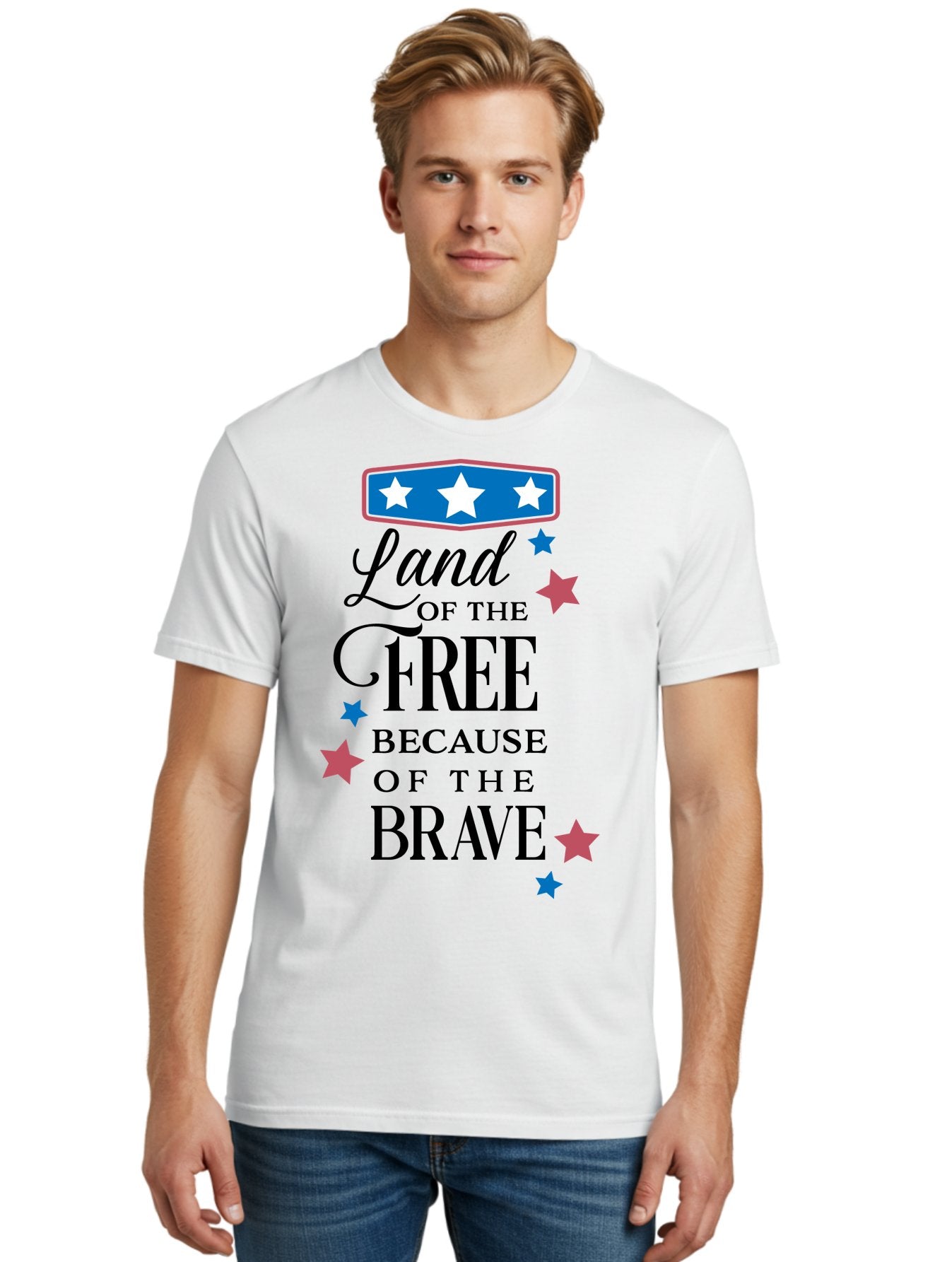 Land-Of-Free-Because-Of-Brave Men'S Graphic Tee, 100% Cotton, Comfortable Casual Summer Wear, Machine Washable, Patriotic Quote, Inspirational Phrase, Red White And Blue Theme, Freedom And Bravery, Stars And Stripes, Usa Pride, Aac924 29