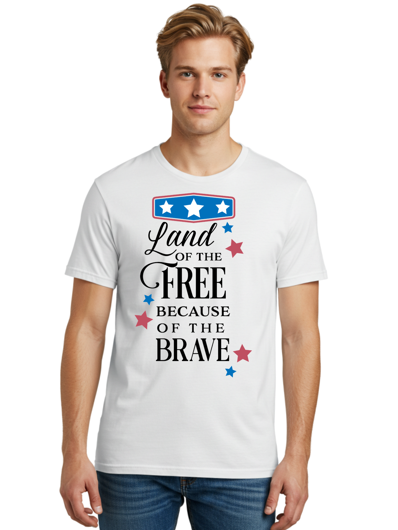 Land-Of-Free-Because-Of-Brave Men'S Graphic Tee, 100% Cotton, Comfortable Casual Summer Wear, Machine Washable, Patriotic Quote, Inspirational Phrase, Red White And Blue Theme, Freedom And Bravery, Stars And Stripes, Usa Pride, Aac924 4