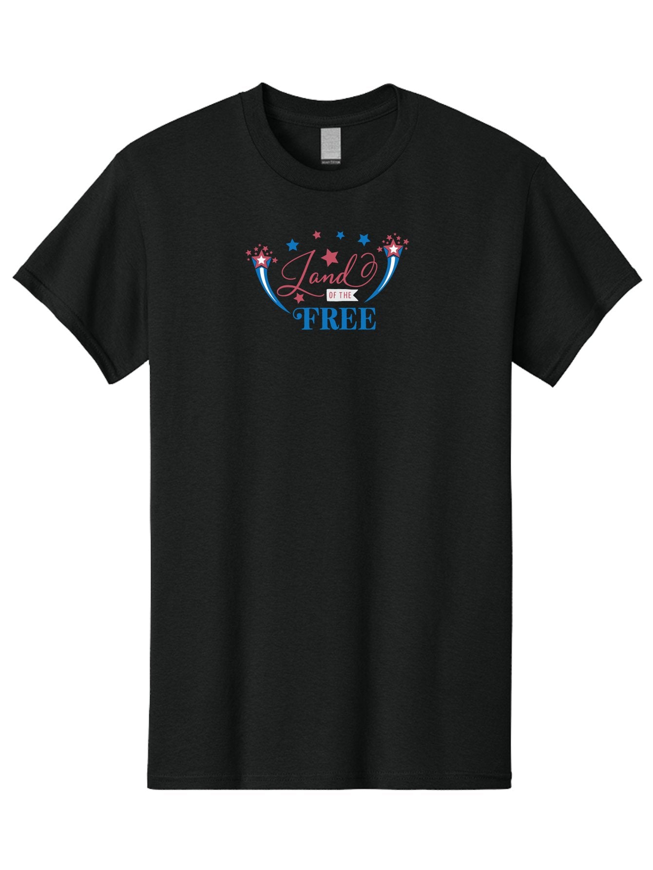 Land-Of-The-Free Men'S Graphic Tee, 100% Cotton, Comfortable Casual Summer Wear, Machine Washable, Patriotic Graphic, Red White And Blue Colors, Starry Design Elements, Freedom Phrase, Liberty Symbol, Cursive Font, Banner Style, Aac925 10