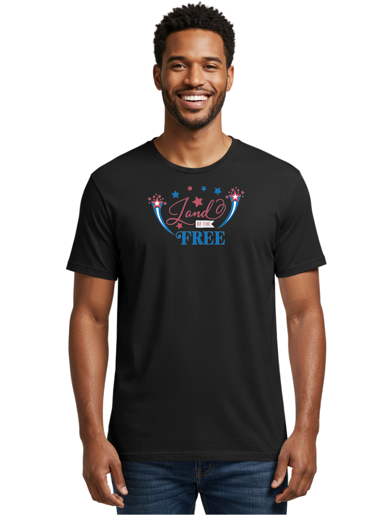 Land-Of-The-Free Men'S Graphic Tee, 100% Cotton, Comfortable Casual Summer Wear, Machine Washable, Patriotic Graphic, Red White And Blue Colors, Starry Design Elements, Freedom Phrase, Liberty Symbol, Cursive Font, Banner Style, Aac925 28