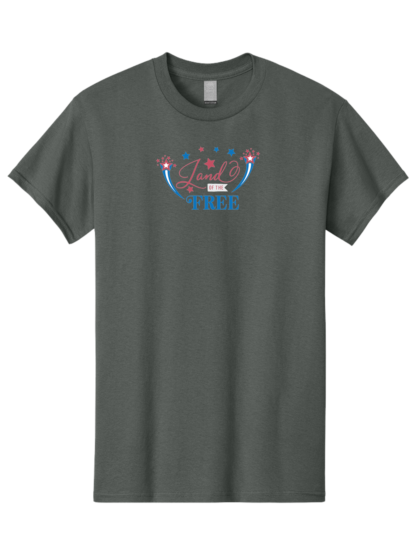 Land-Of-The-Free Men'S Graphic Tee, 100% Cotton, Comfortable Casual Summer Wear, Machine Washable, Patriotic Graphic, Red White And Blue Colors, Starry Design Elements, Freedom Phrase, Liberty Symbol, Cursive Font, Banner Style, Aac925 19