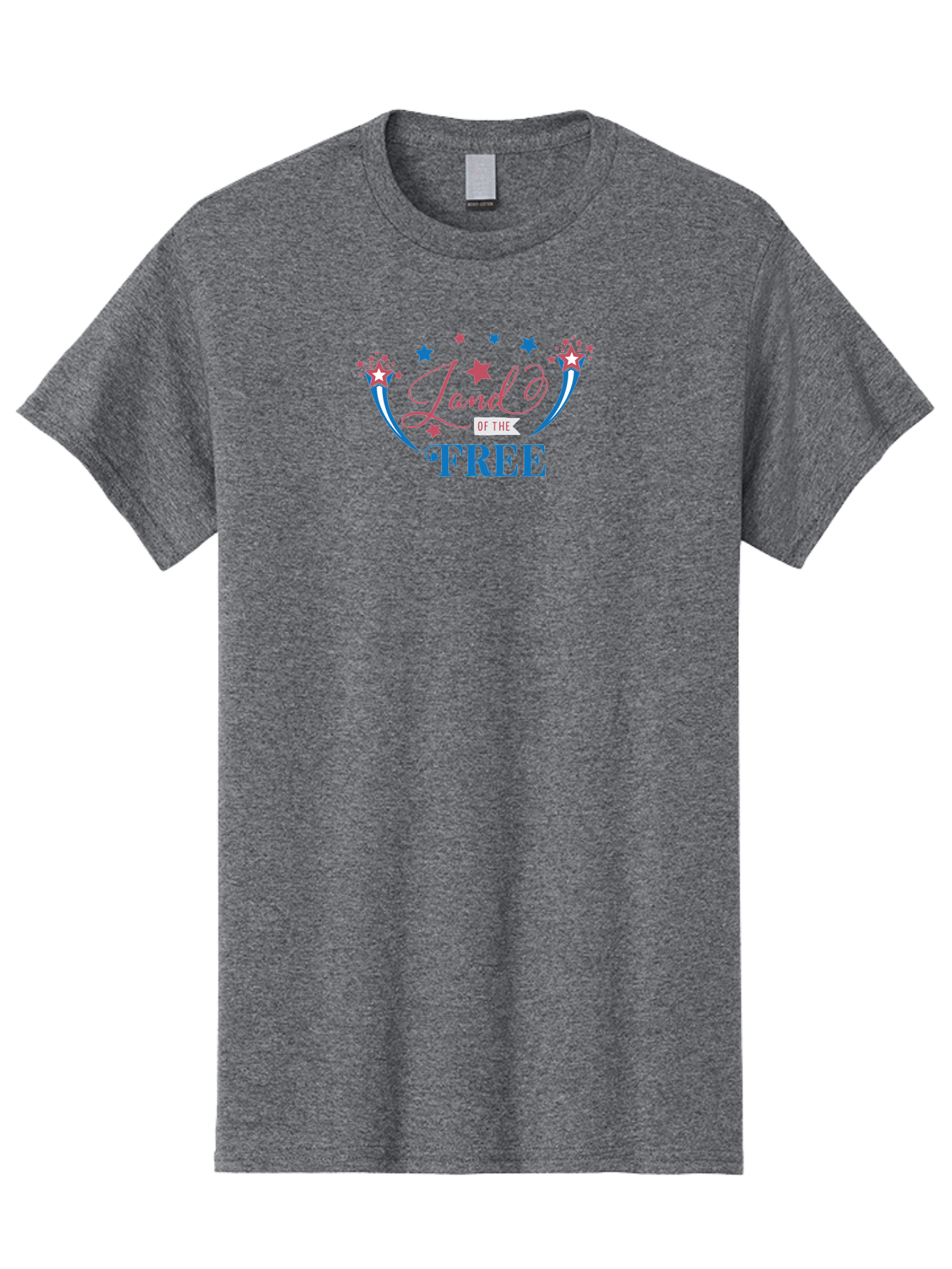 Land-Of-The-Free Men'S Graphic Tee, 100% Cotton, Comfortable Casual Summer Wear, Machine Washable, Patriotic Graphic, Red White And Blue Colors, Starry Design Elements, Freedom Phrase, Liberty Symbol, Cursive Font, Banner Style, Aac925 7