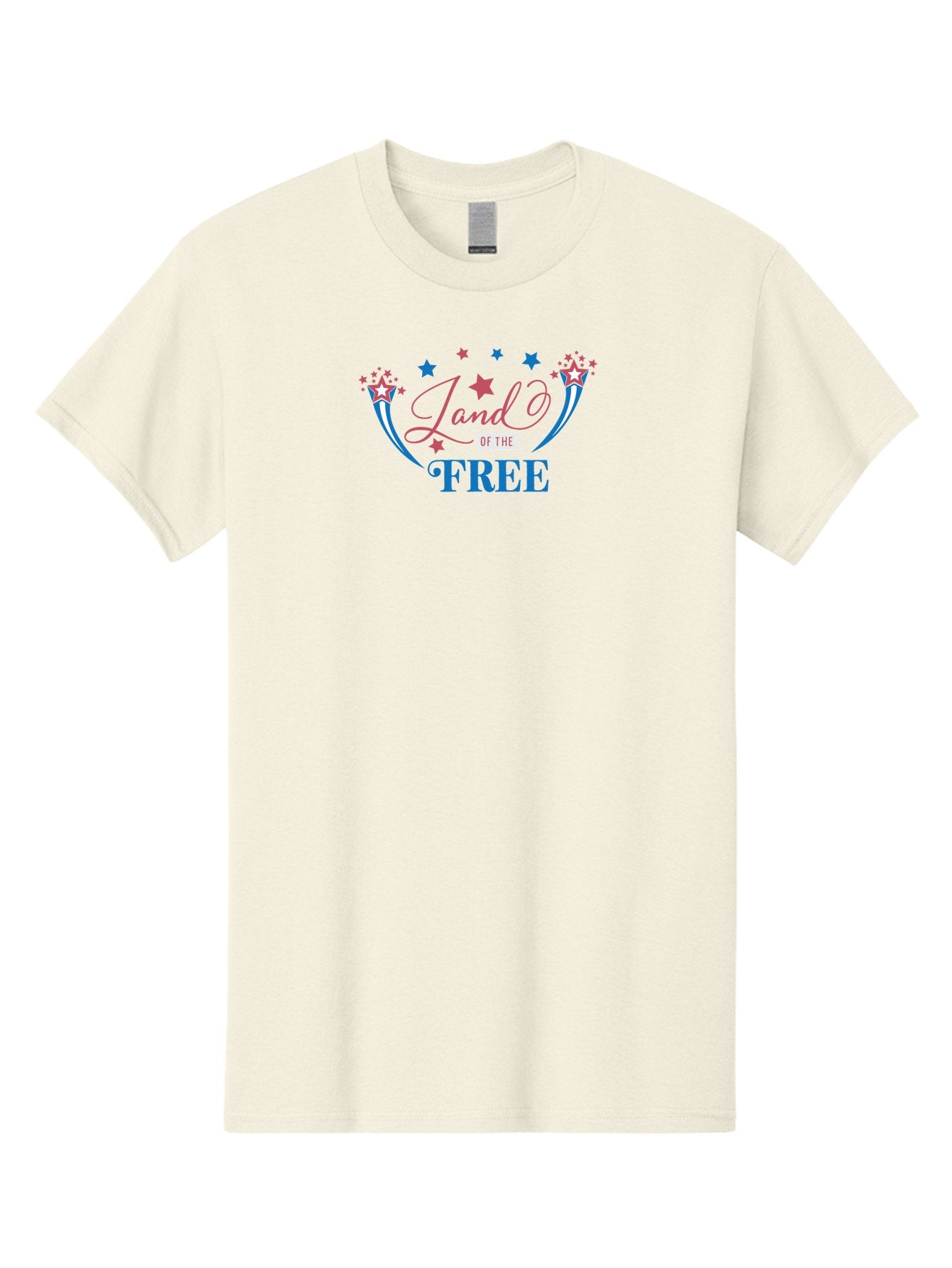 Land-Of-The-Free Men'S Graphic Tee, 100% Cotton, Comfortable Casual Summer Wear, Machine Washable, Patriotic Graphic, Red White And Blue Colors, Starry Design Elements, Freedom Phrase, Liberty Symbol, Cursive Font, Banner Style, Aac925 7
