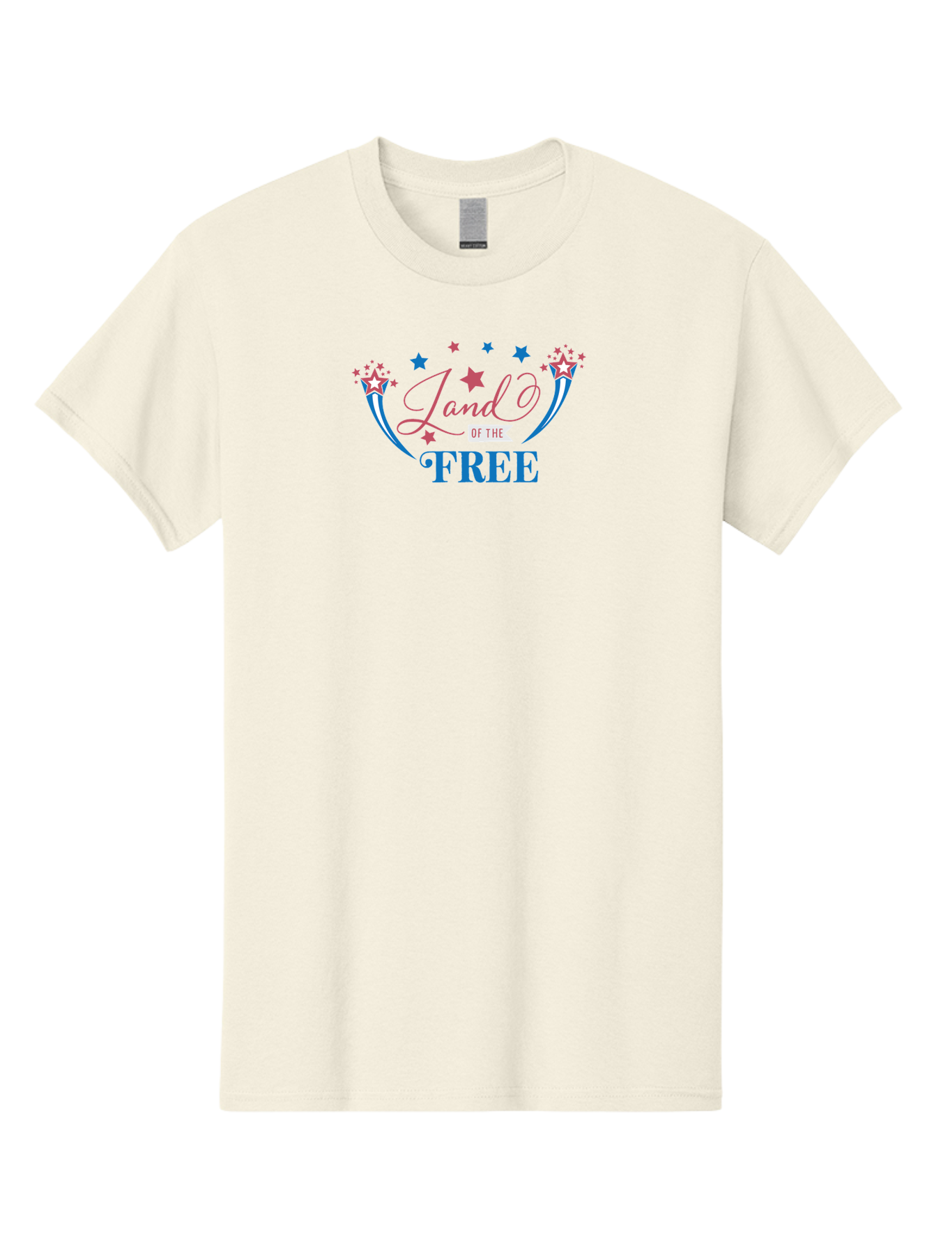 Land-Of-The-Free Men'S Graphic Tee, 100% Cotton, Comfortable Casual Summer Wear, Machine Washable, Patriotic Graphic, Red White And Blue Colors, Starry Design Elements, Freedom Phrase, Liberty Symbol, Cursive Font, Banner Style, Aac925 25