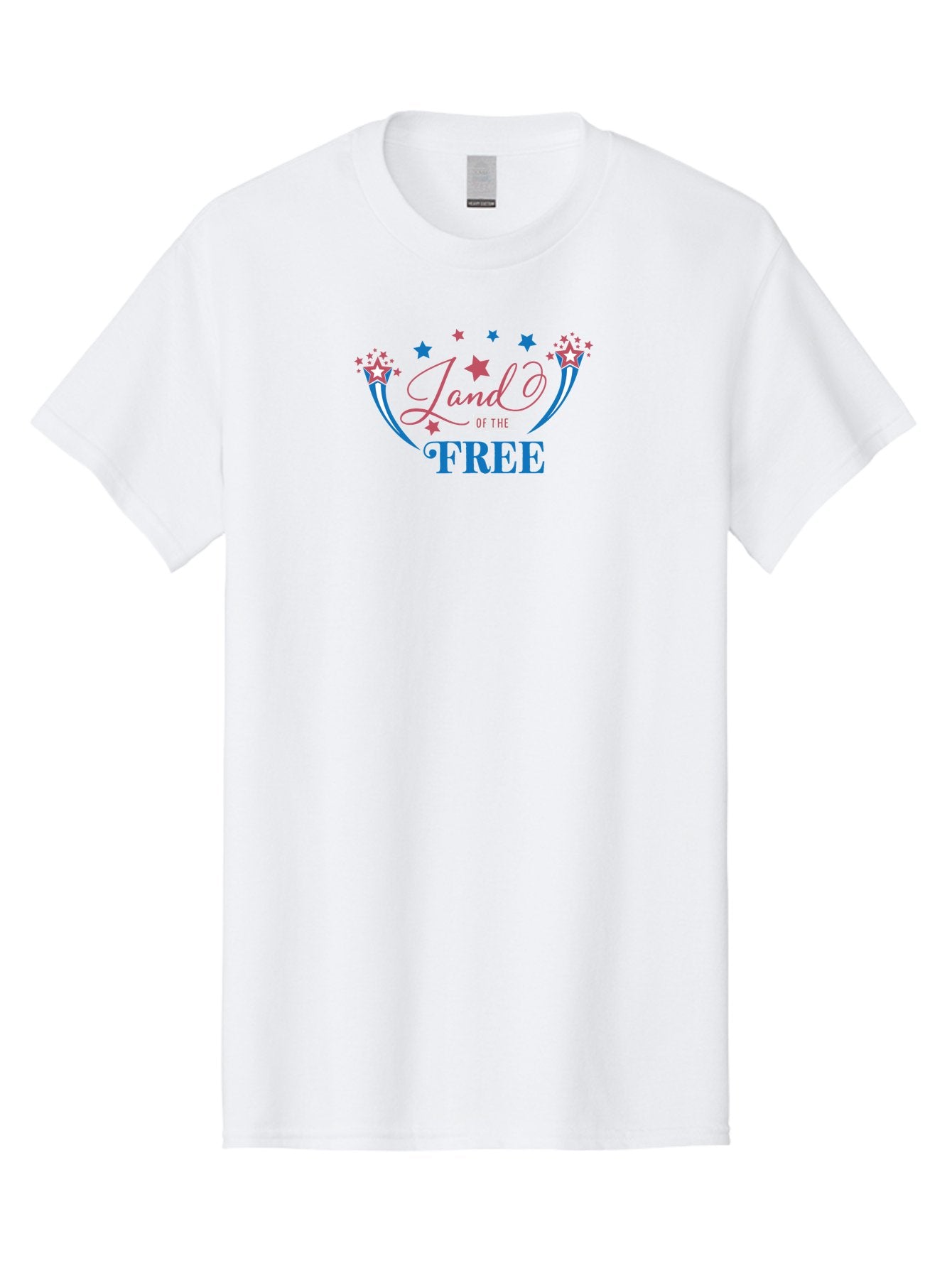 Land-Of-The-Free Men'S Graphic Tee, 100% Cotton, Comfortable Casual Summer Wear, Machine Washable, Patriotic Graphic, Red White And Blue Colors, Starry Design Elements, Freedom Phrase, Liberty Symbol, Cursive Font, Banner Style, Aac925 12
