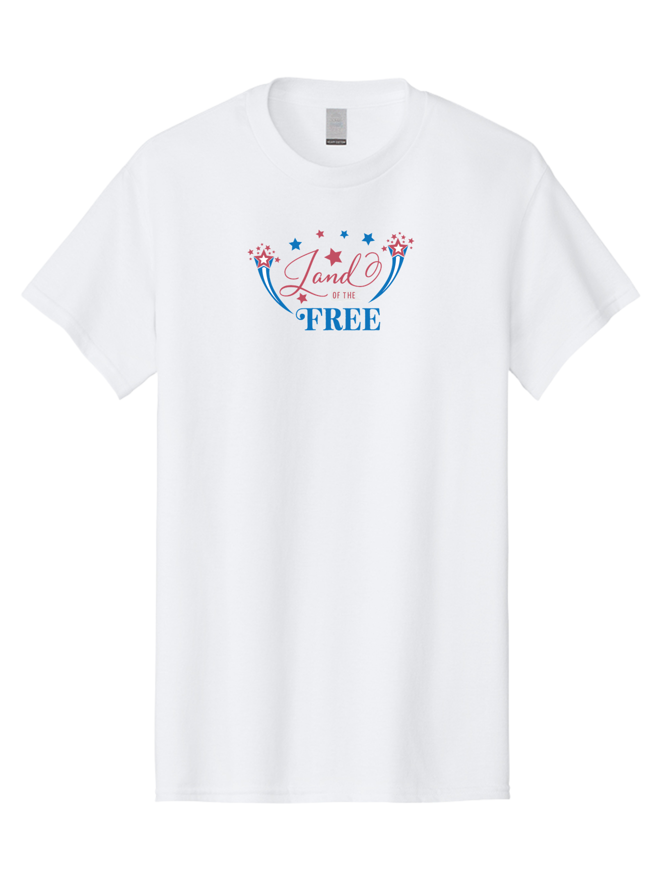 Land-Of-The-Free Men'S Graphic Tee, 100% Cotton, Comfortable Casual Summer Wear, Machine Washable, Patriotic Graphic, Red White And Blue Colors, Starry Design Elements, Freedom Phrase, Liberty Symbol, Cursive Font, Banner Style, Aac925 5