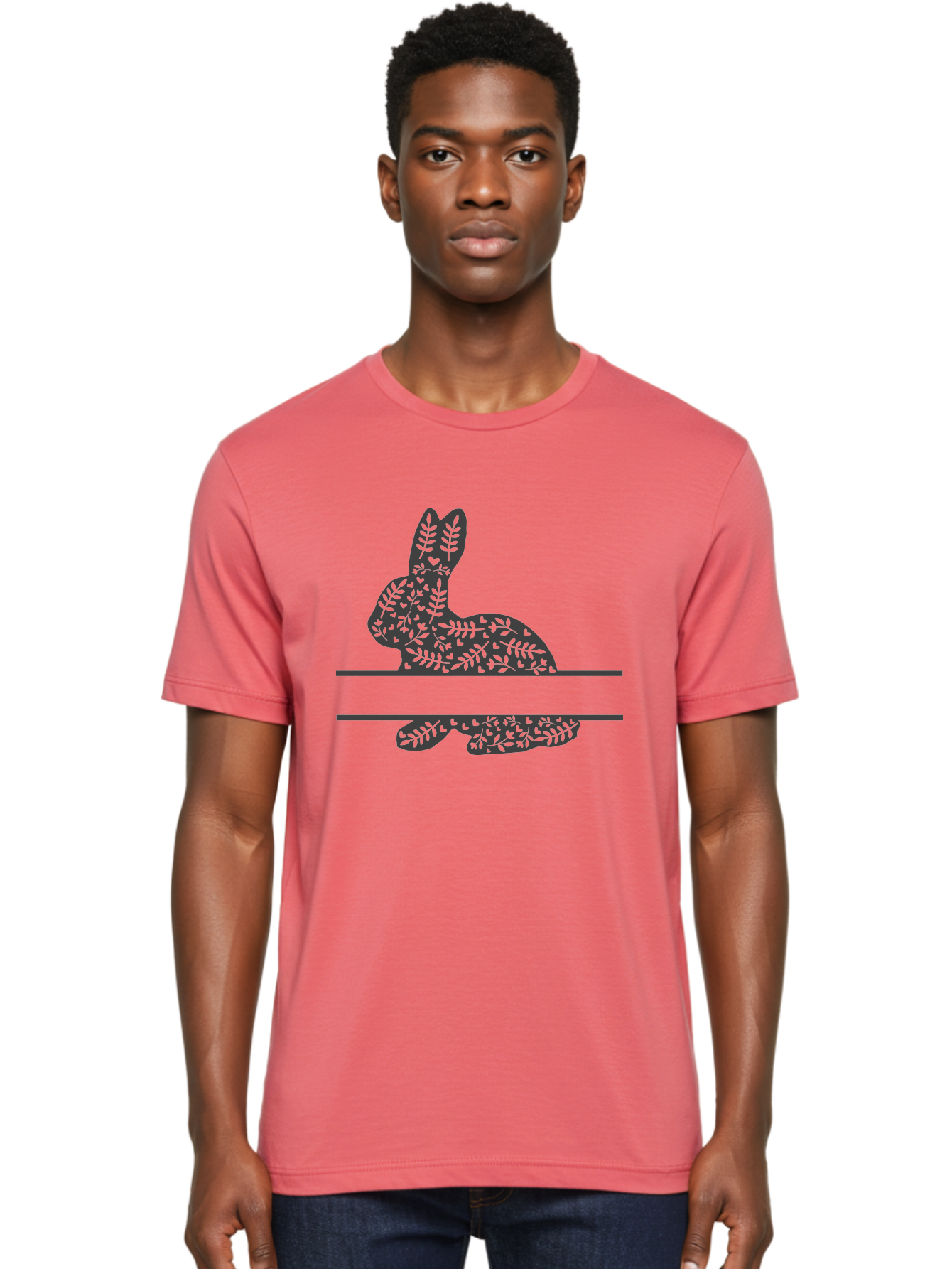 Leafy-Bunny Men'S Graphic Tee, 100% Cotton, Comfortable Casual Summer Wear, Machine Washable, Rabbit Silhouette, Fern Patterns, Leafy Design, Nature-Inspired Art, Botanical Illustration, Whimsical Graphics, Easter Theme Aac929 12