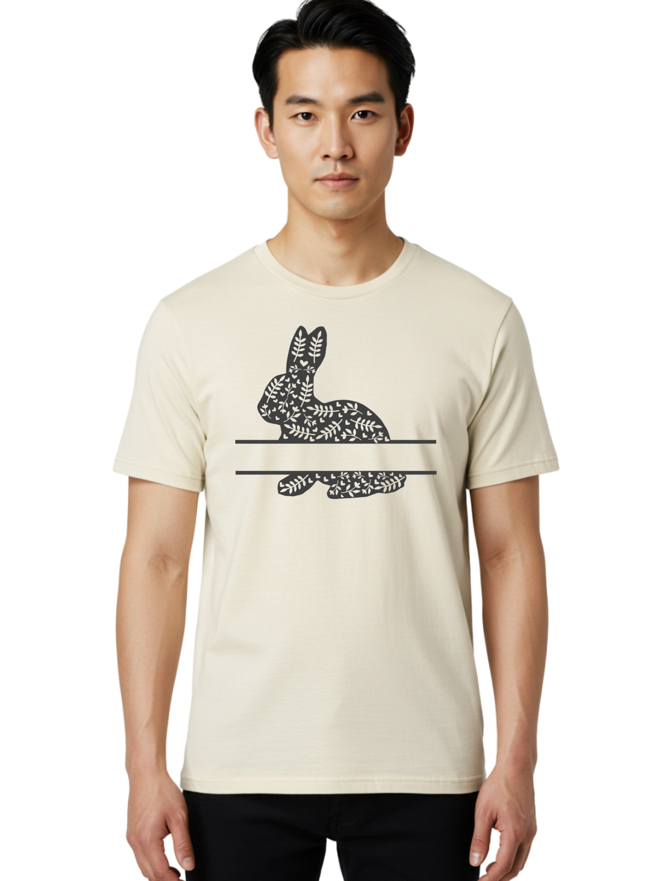 Leafy-Bunny Men'S Graphic Tee, 100% Cotton, Comfortable Casual Summer Wear, Machine Washable, Rabbit Silhouette, Fern Patterns, Leafy Design, Nature-Inspired Art, Botanical Illustration, Whimsical Graphics, Easter Theme Aac929 28
