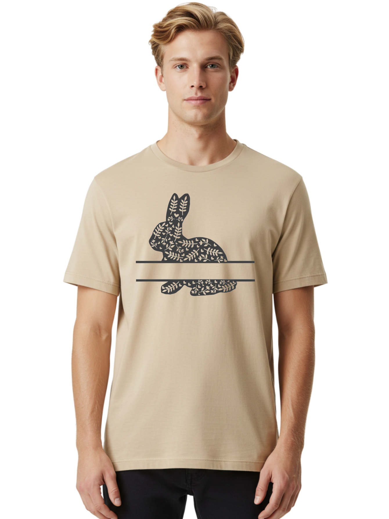 Leafy-Bunny Men'S Graphic Tee, 100% Cotton, Comfortable Casual Summer Wear, Machine Washable, Rabbit Silhouette, Fern Patterns, Leafy Design, Nature-Inspired Art, Botanical Illustration, Whimsical Graphics, Easter Theme Aac929 24