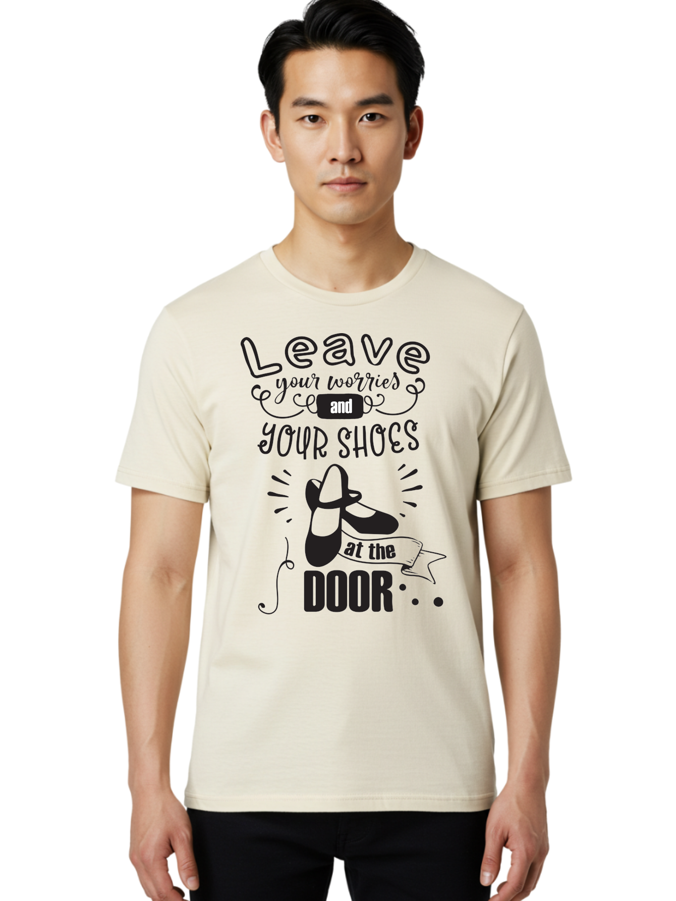 Leave-Your-Worries-And-Your-Shoes-At-The-Door Men'S Graphic Tee, 100% Cotton, Comfortable Casual Summer Wear, Machine Washable, Relaxation Techniques, Stress Relief, Mindfulness, Calm Atmosphere, Inspirational Quotes, Dance Shoes, Welcome Sign Aac931 4