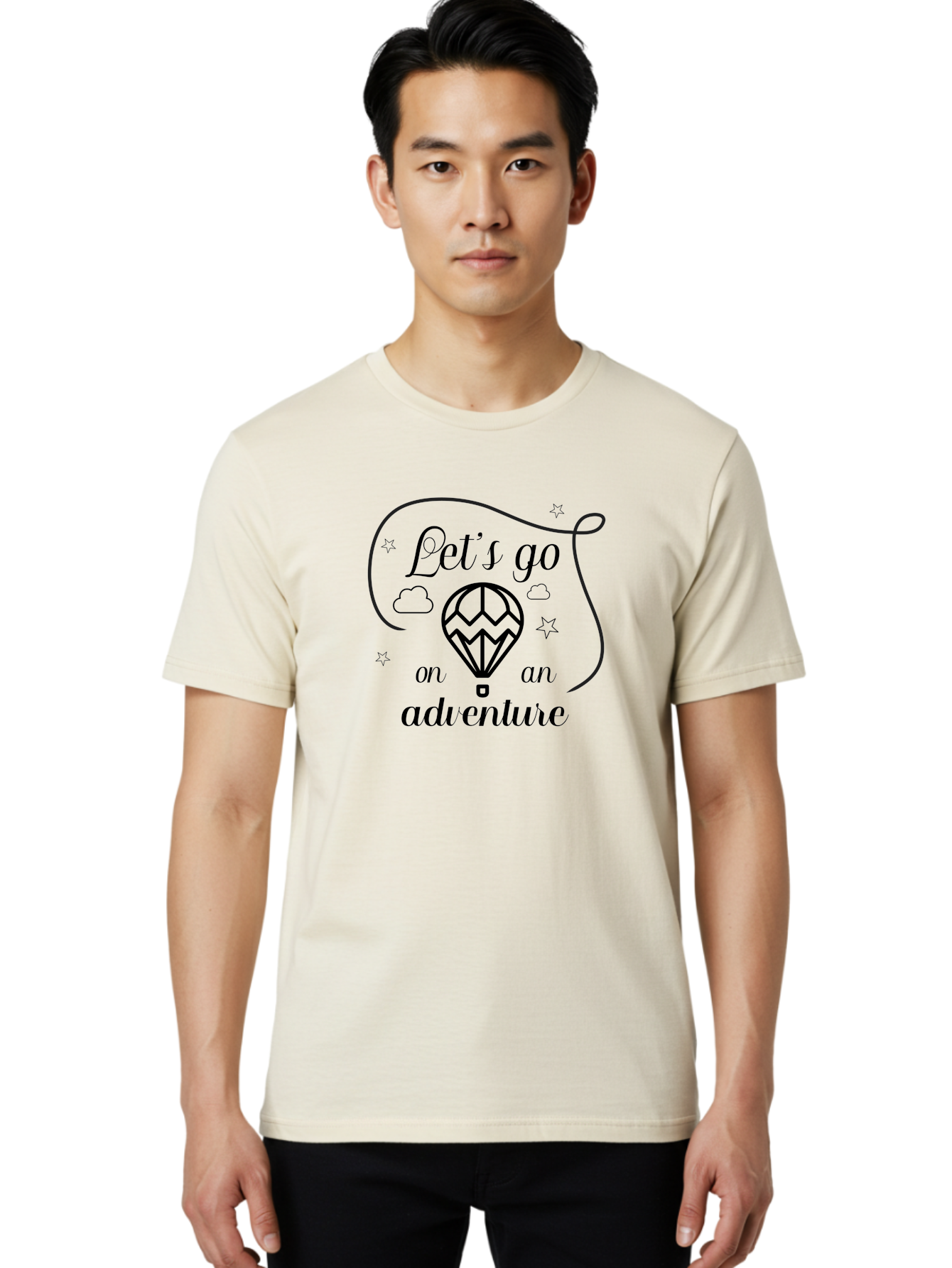 Let-S-Go-On-Adventure Men'S Graphic Tee, 100% Cotton, Comfortable Casual Summer Wear, Machine Washable, Hot Air Balloon, Adventure Travel, Inspirational Quote, Motivational Phrase, Let'S Go On Adventure, Whimsical Design, Stars, Clouds Aac935 14