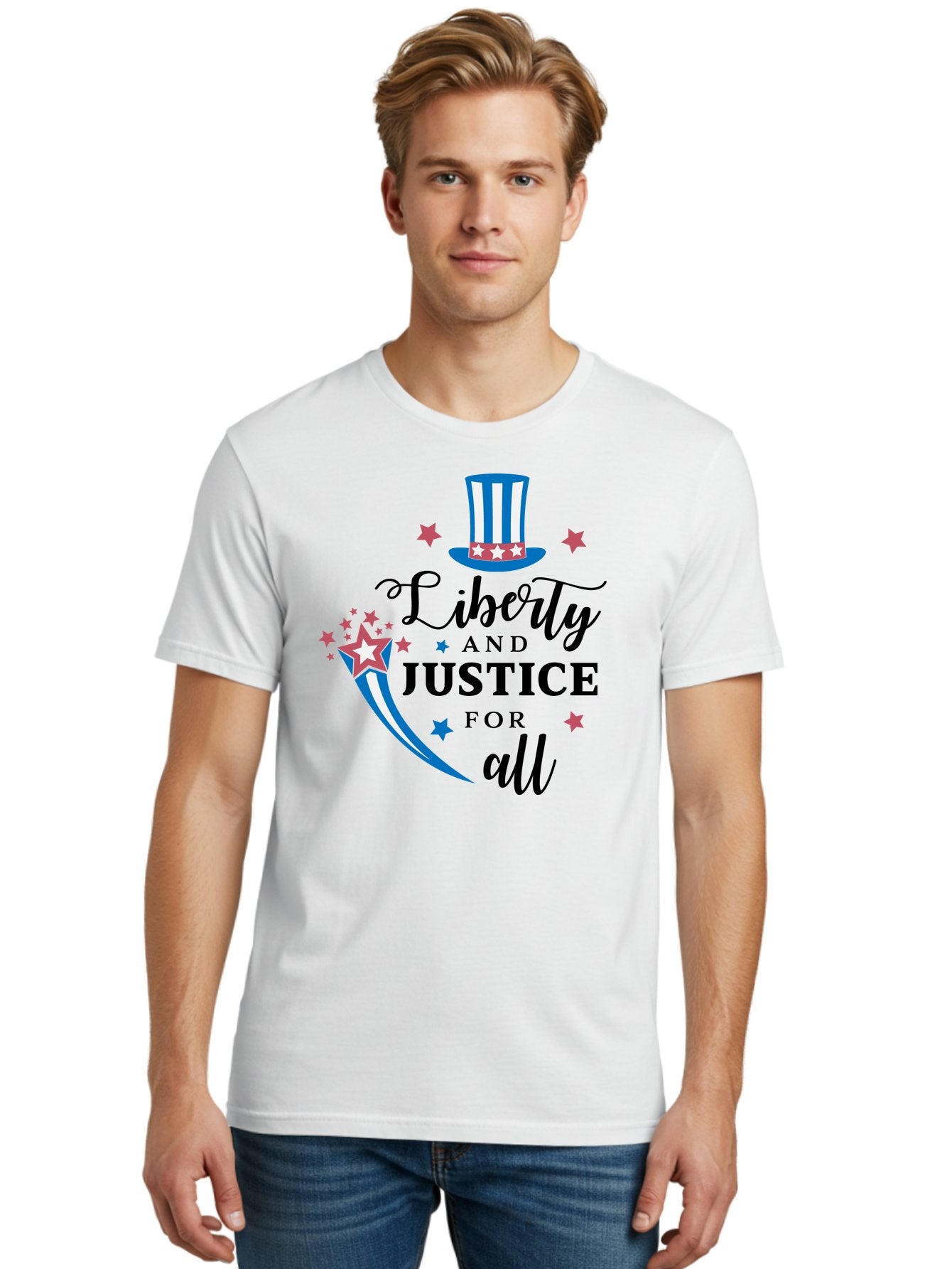 Liberty-And-Justice-For-All Men'S Graphic Tee, 100% Cotton, Comfortable Casual Summer Wear, Machine Washable, Liberty, Justice For All, Patriotic Theme, American Values, Freedom, Equality, Stars And Stripes, 4Th Of July, Independence Day, Aac939 24