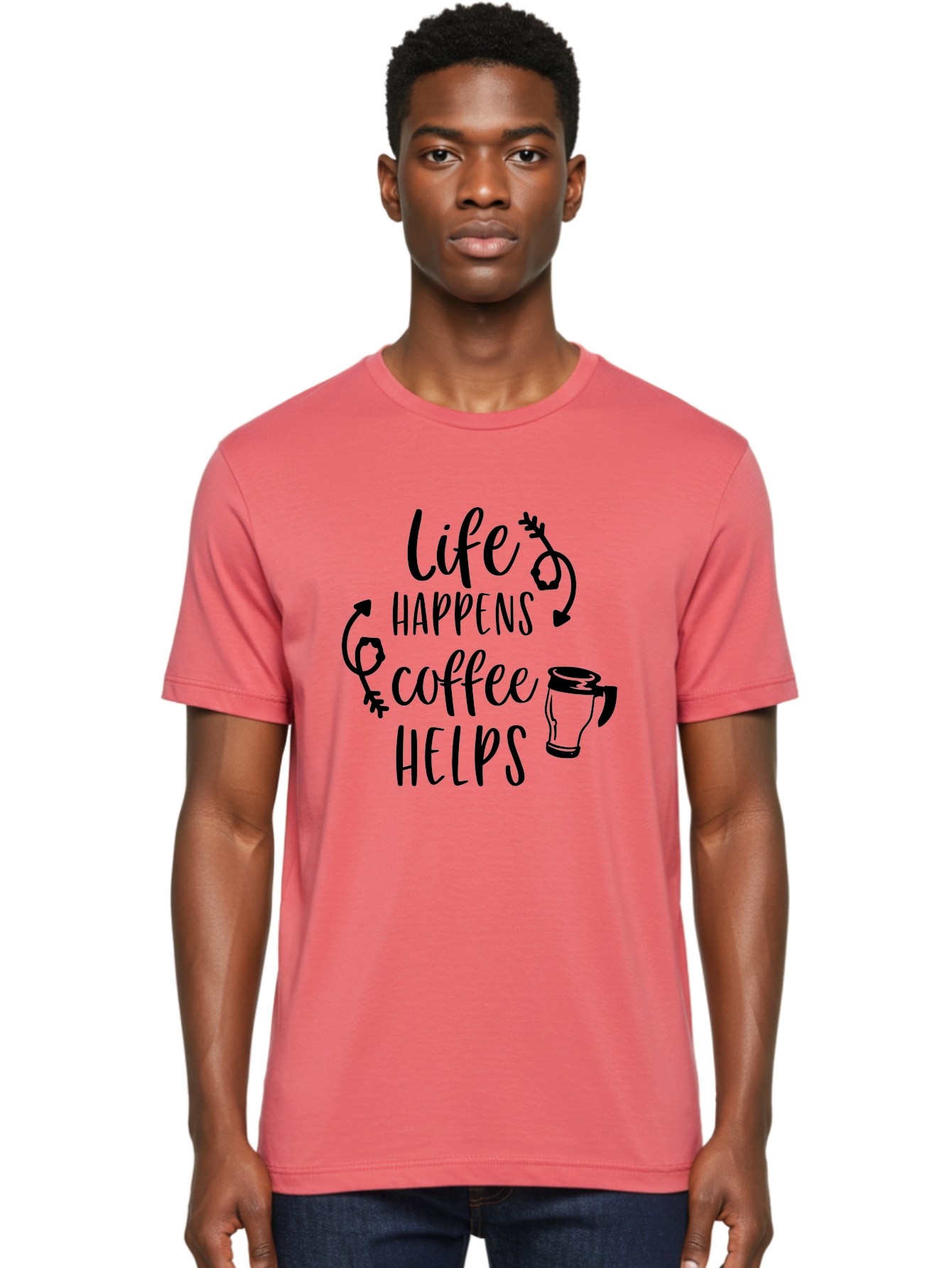Life-Happens-Coffee-Helps Men'S Graphic Tee, 100% Cotton, Comfortable Casual Summer Wear, Machine Washable, Coffee Quote, Morning Motivation, Coffee Lover, Coffee Break, Daily Grind, Coffee Culture, Funny Quote Aac942 22