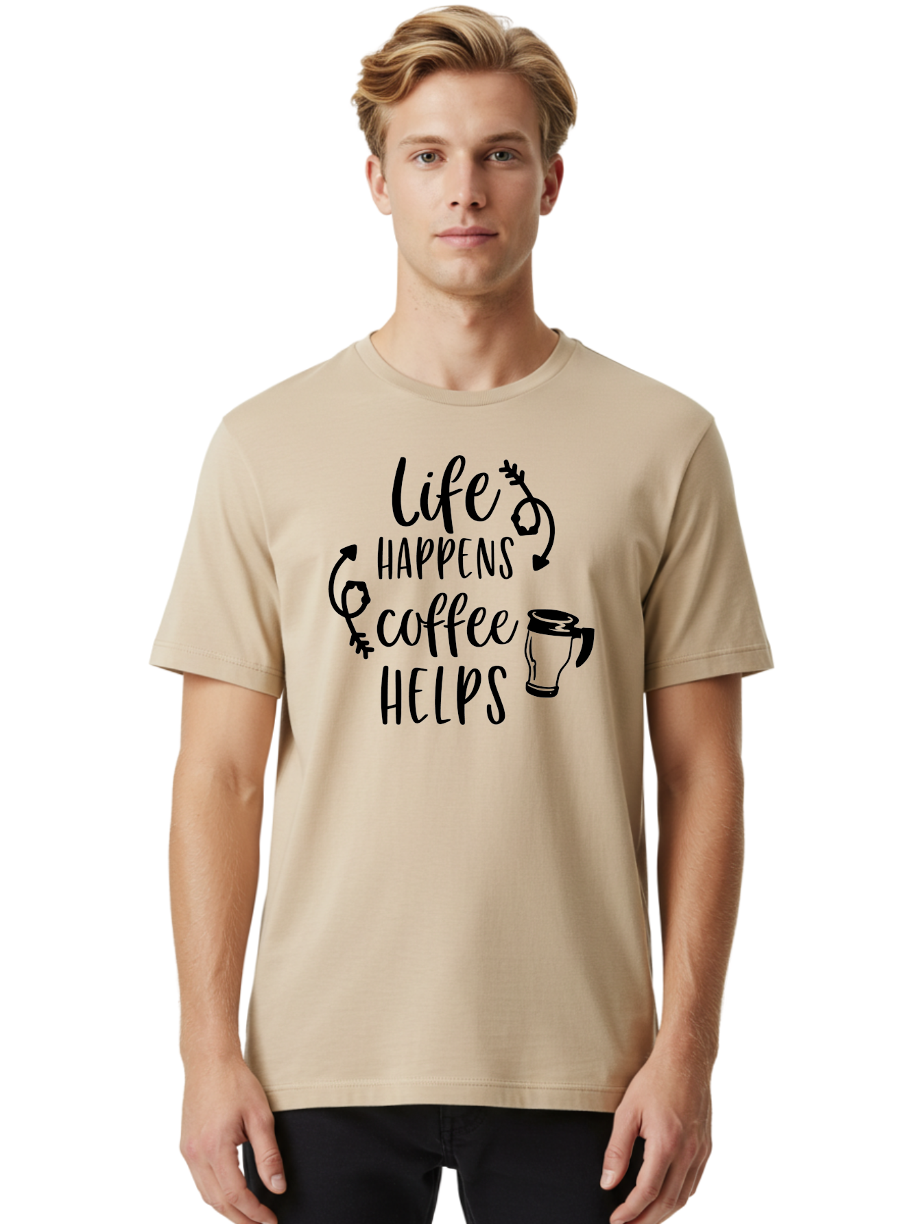 Life-Happens-Coffee-Helps Men'S Graphic Tee, 100% Cotton, Comfortable Casual Summer Wear, Machine Washable, Coffee Quote, Morning Motivation, Coffee Lover, Coffee Break, Daily Grind, Coffee Culture, Funny Quote Aac942 20