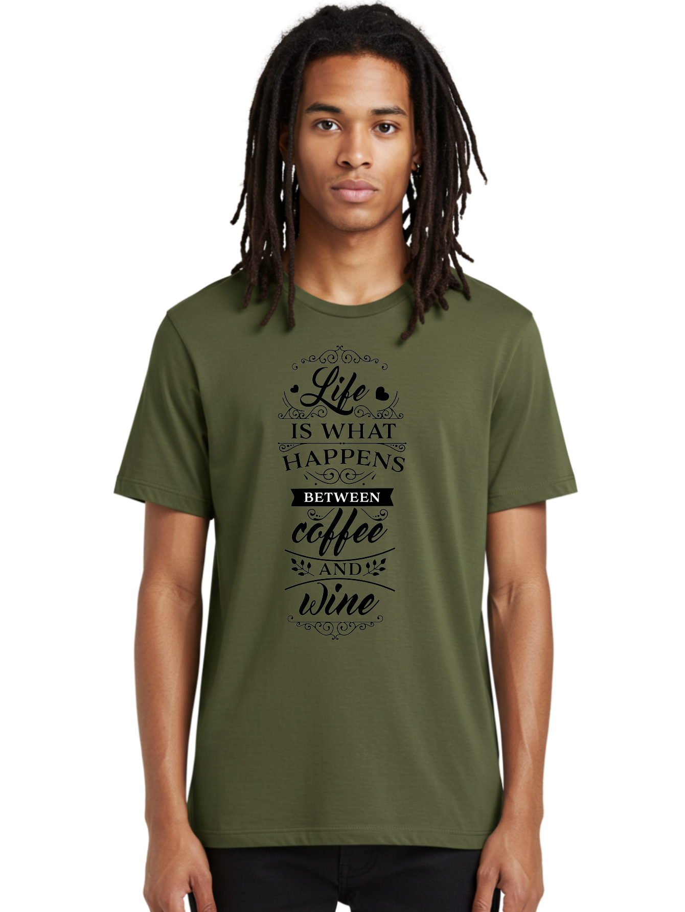 Life-Is-What-Happens-Between-Coffee-And-Wine Men'S Graphic Tee, 100% Cotton, Comfortable Casual Summer Wear, Machine Washable, Coffee And Wine Quote, Life Is What Happens Between Coffee And Wine, Typography Art, Inspirational Quotes, Aac949 20