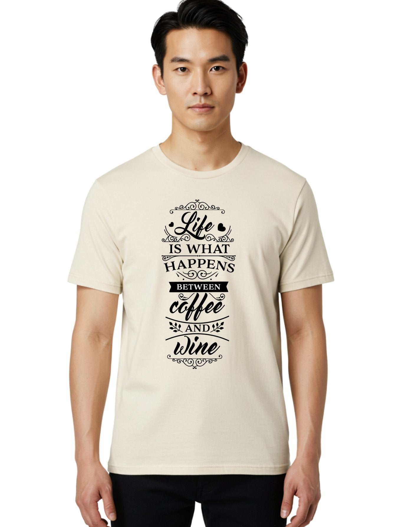 Life-Is-What-Happens-Between-Coffee-And-Wine Men'S Graphic Tee, 100% Cotton, Comfortable Casual Summer Wear, Machine Washable, Coffee And Wine Quote, Life Is What Happens Between Coffee And Wine, Typography Art, Inspirational Quotes, Aac949 27