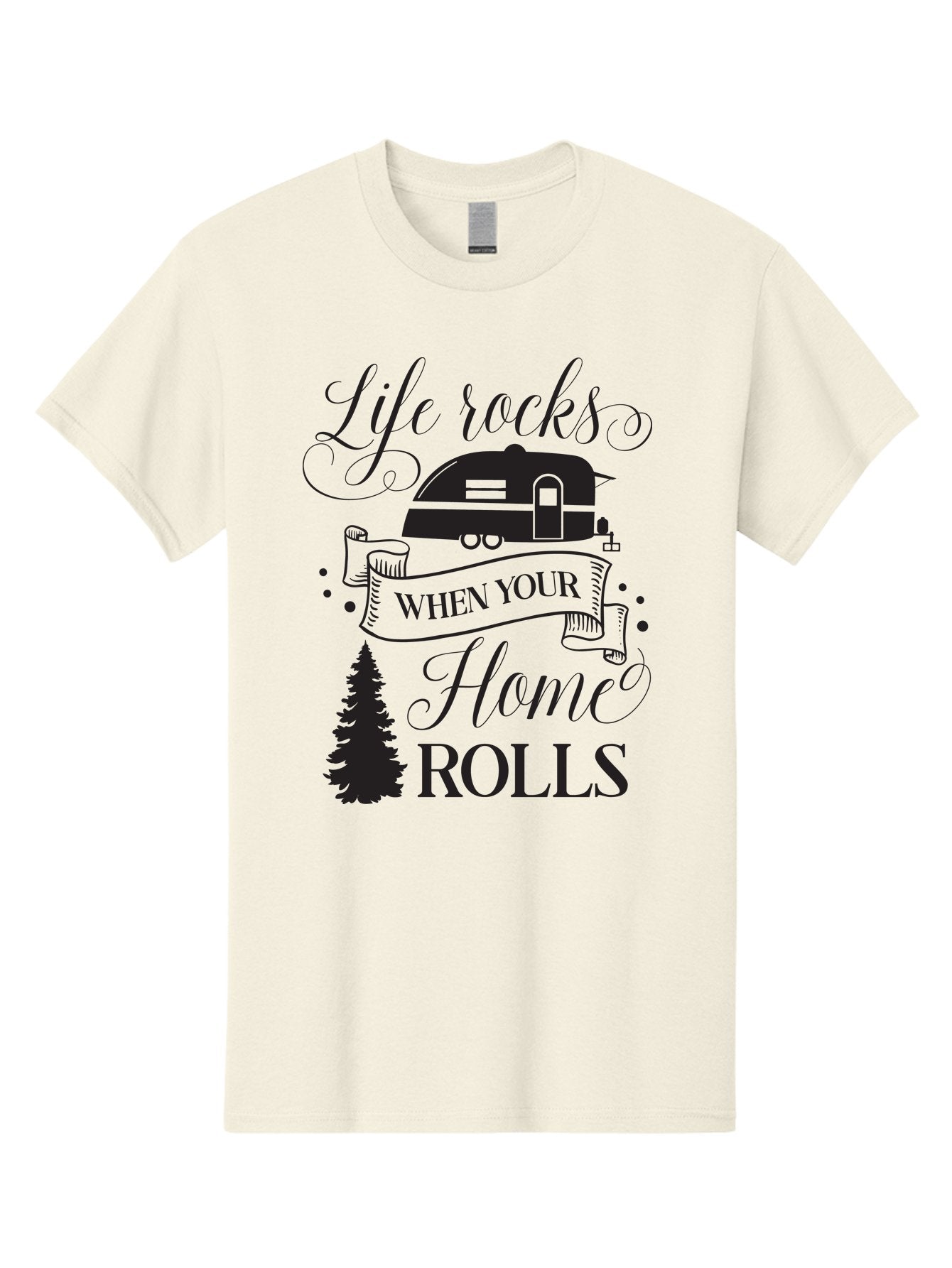 Life-Rocks-When-Your-Home-Rolls Men'S Graphic Tee, 100% Cotton, Comfortable Casual Summer Wear, Machine Washable, Camper Trailer, Camping Life, Adventure, Outdoor Lifestyle, Travel Trailer, Freedom, Wanderlust, Road Trip, Camping Quote Aac950