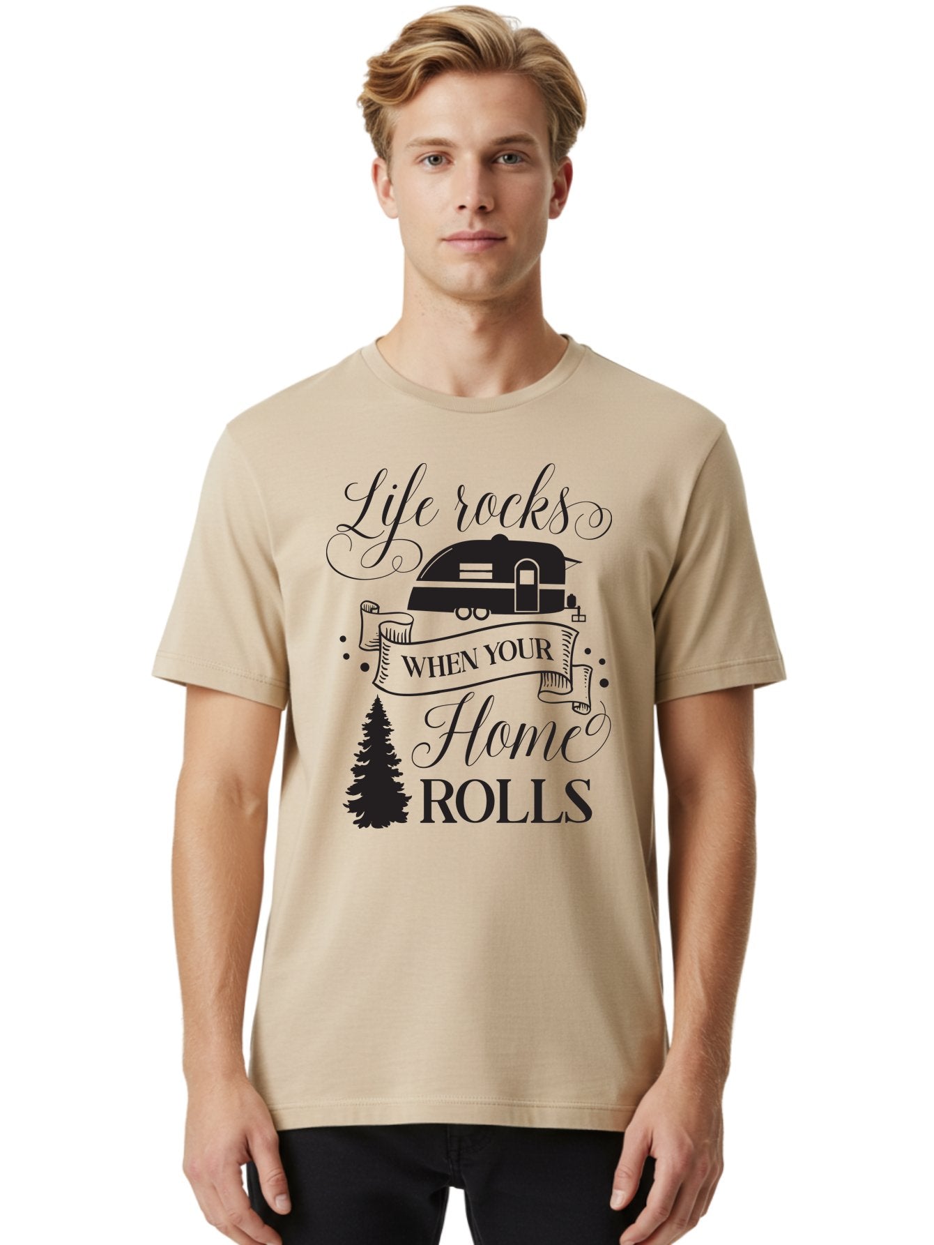 Life-Rocks-When-Your-Home-Rolls Men'S Graphic Tee, 100% Cotton, Comfortable Casual Summer Wear, Machine Washable, Camper Trailer, Camping Life, Adventure, Outdoor Lifestyle, Travel Trailer, Freedom, Wanderlust, Road Trip, Camping Quote Aac950 26