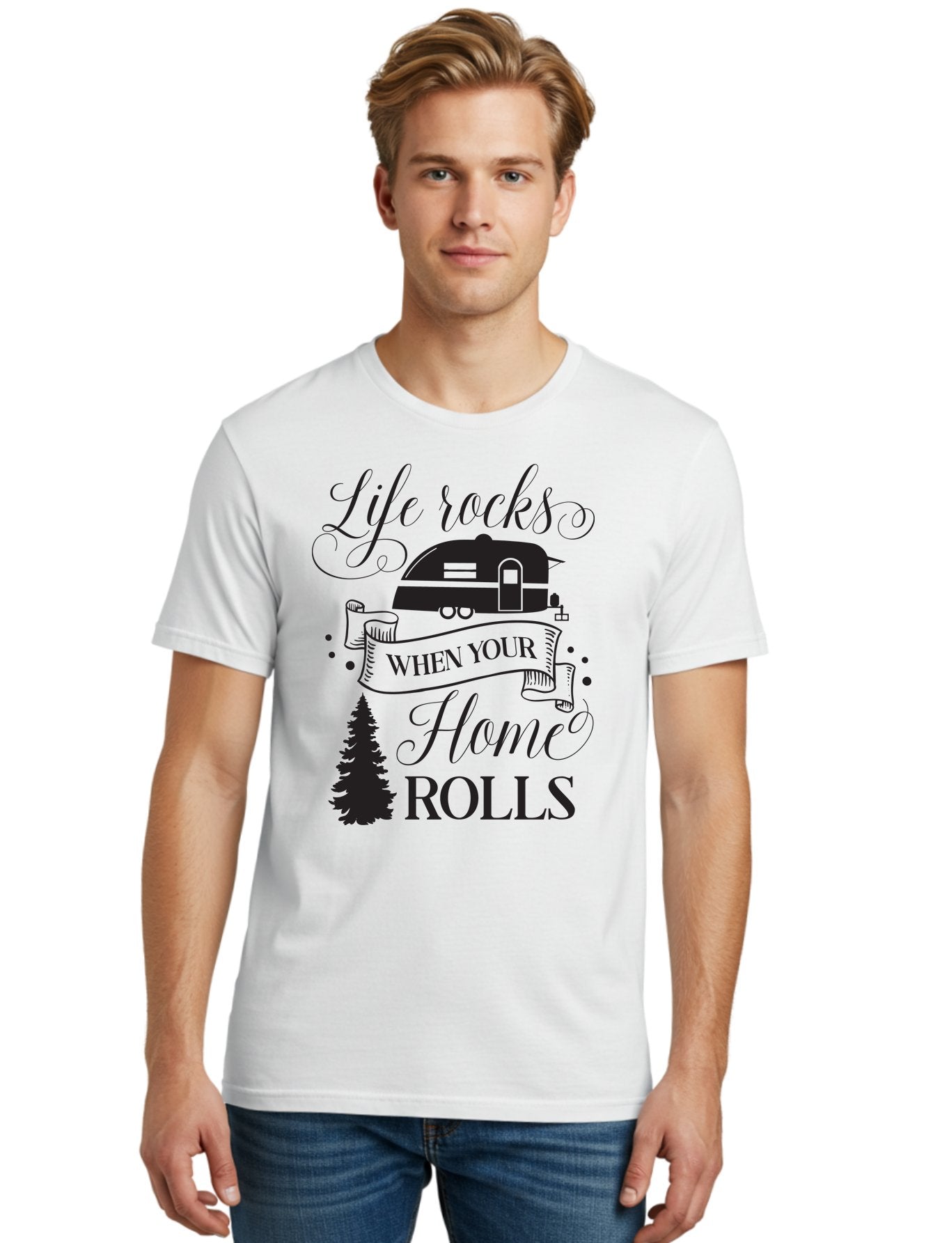 Life-Rocks-When-Your-Home-Rolls Men'S Graphic Tee, 100% Cotton, Comfortable Casual Summer Wear, Machine Washable, Camper Trailer, Camping Life, Adventure, Outdoor Lifestyle, Travel Trailer, Freedom, Wanderlust, Road Trip, Camping Quote Aac950 28
