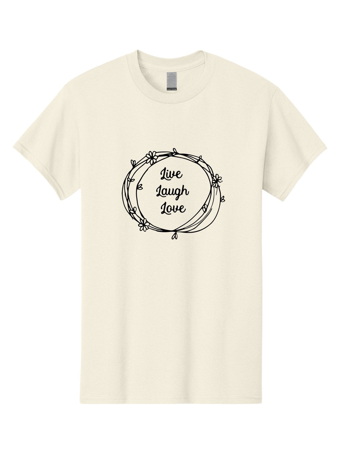 Live-Laugh-Love Men'S Graphic Tee, 100% Cotton, Comfortable Casual Summer Wear, Machine Washable, Inspirational Quote, Motivational Phrase, Floral Wreath, Black Illustration, Live Laugh Love, Positive Vibes, Happiness, Joy, Love, Aac962