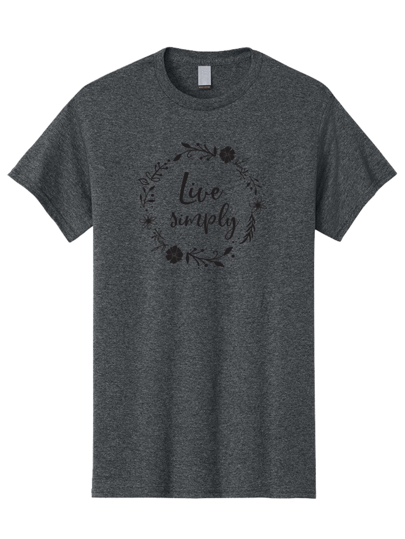 Live-Simply Men'S Graphic Tee, 100% Cotton, Comfortable Casual Summer Wear, Machine Washable, Floral Wreath, Inspiring Quote, Simple Living, Minimalist Lifestyle, Motivational Message, Black Ink, Elegant Script, Flowers And Leaves Aac964