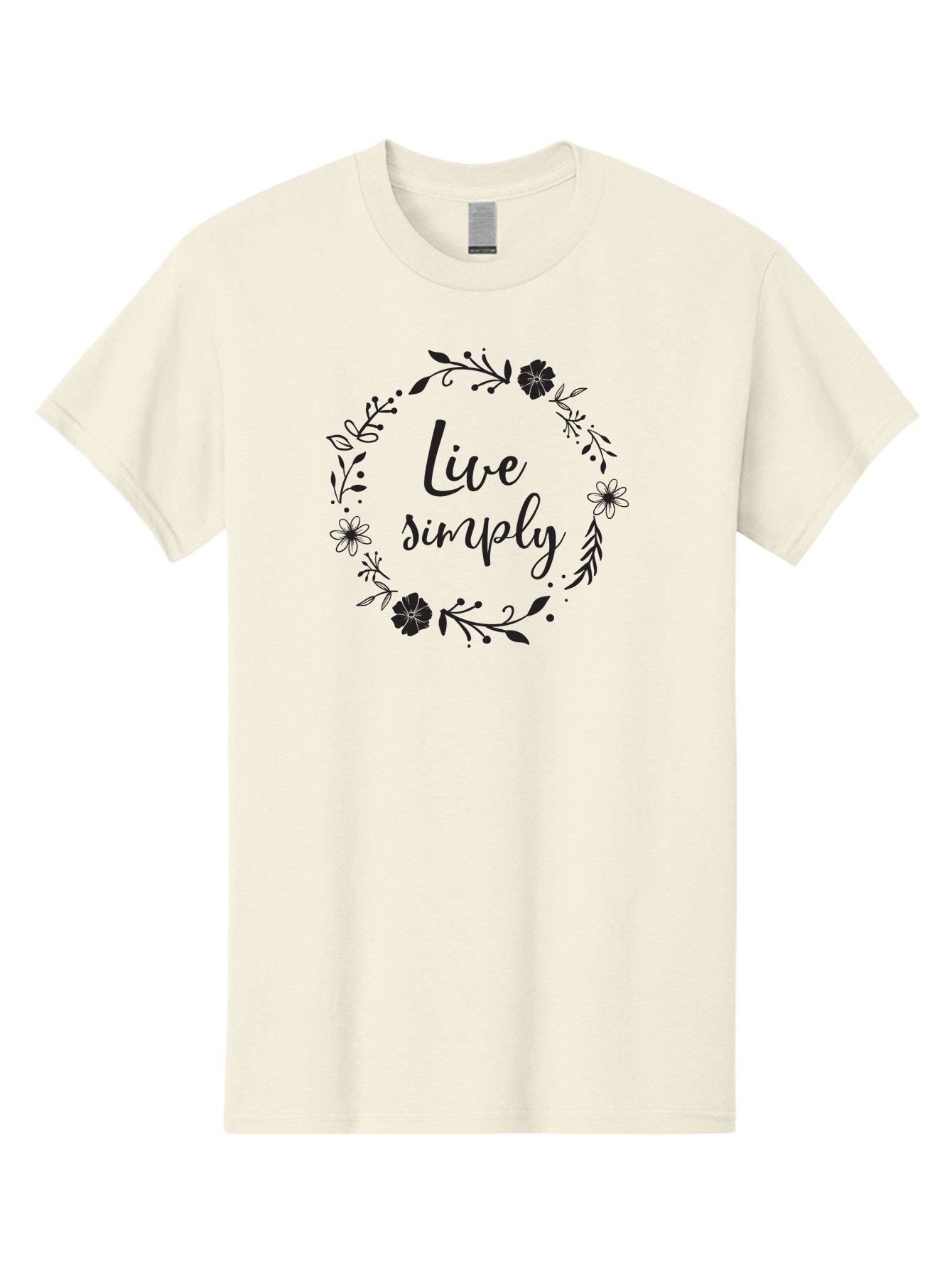 Live-Simply Men'S Graphic Tee, 100% Cotton, Comfortable Casual Summer Wear, Machine Washable, Floral Wreath, Inspiring Quote, Simple Living, Minimalist Lifestyle, Motivational Message, Black Ink, Elegant Script, Flowers And Leaves Aac964 11