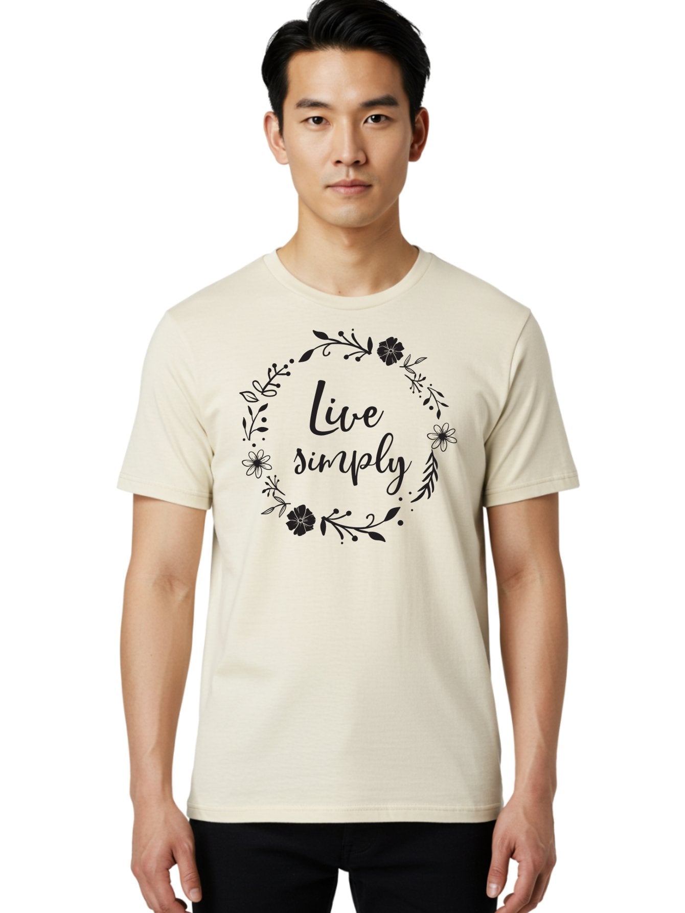 Live-Simply Men'S Graphic Tee, 100% Cotton, Comfortable Casual Summer Wear, Machine Washable, Floral Wreath, Inspiring Quote, Simple Living, Minimalist Lifestyle, Motivational Message, Black Ink, Elegant Script, Flowers And Leaves Aac964 27