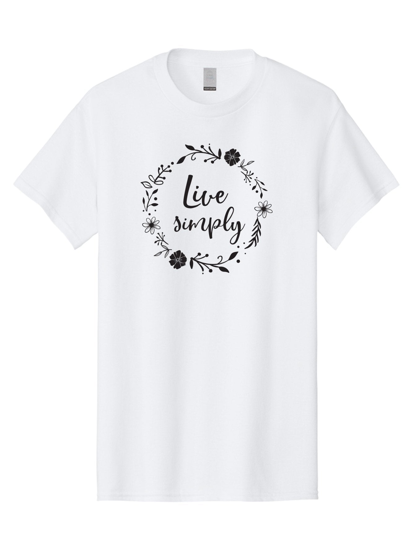 Live-Simply Men'S Graphic Tee, 100% Cotton, Comfortable Casual Summer Wear, Machine Washable, Floral Wreath, Inspiring Quote, Simple Living, Minimalist Lifestyle, Motivational Message, Black Ink, Elegant Script, Flowers And Leaves Aac964 4