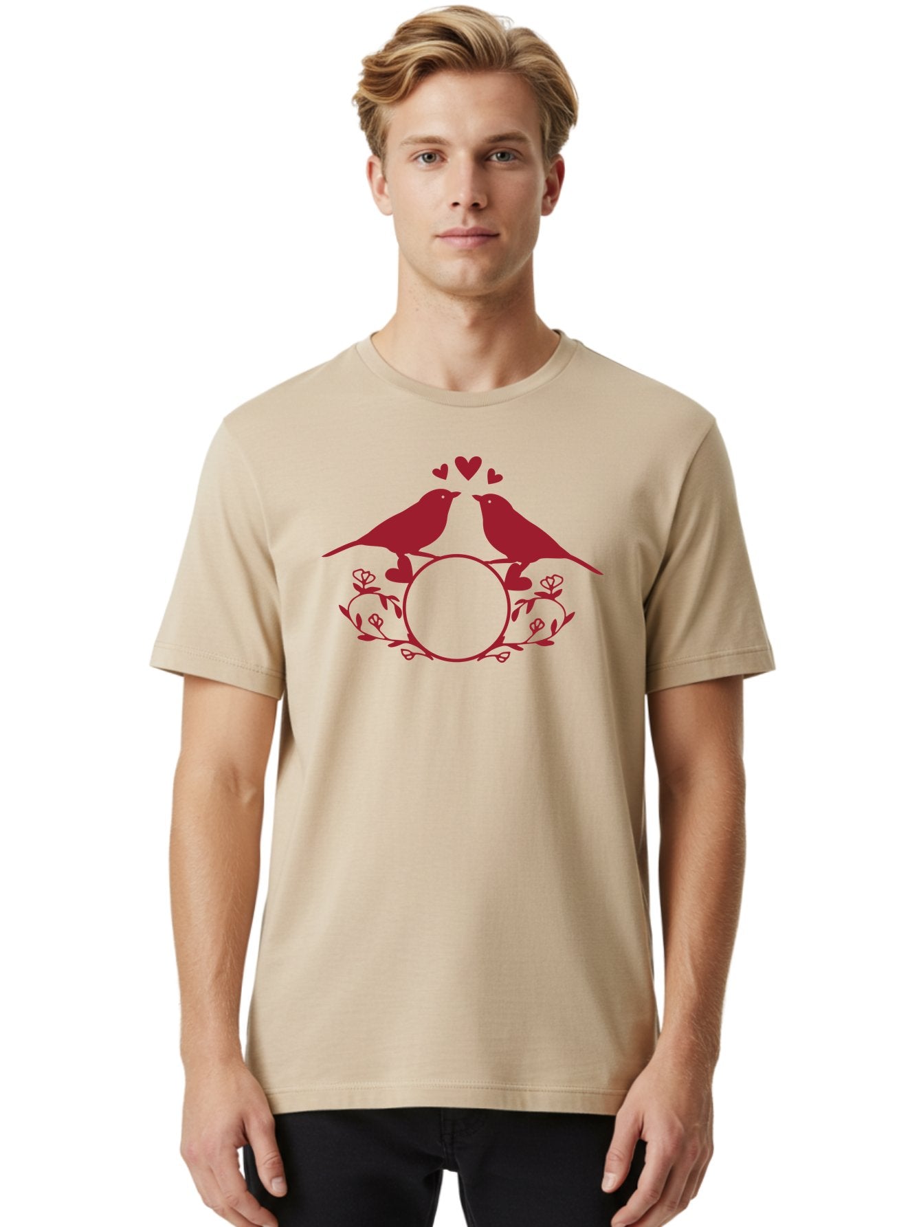 Love-Birds-1 Men'S Graphic Tee, 100% Cotton, Comfortable Casual Summer Wear, Machine Washable, Lovebirds Perched On Branch, Kissing, Surrounded By Hearts, Floral Wreath, Love Symbol, Romance, Tender Moment, Sweethearts, Couple Love Aac971 22