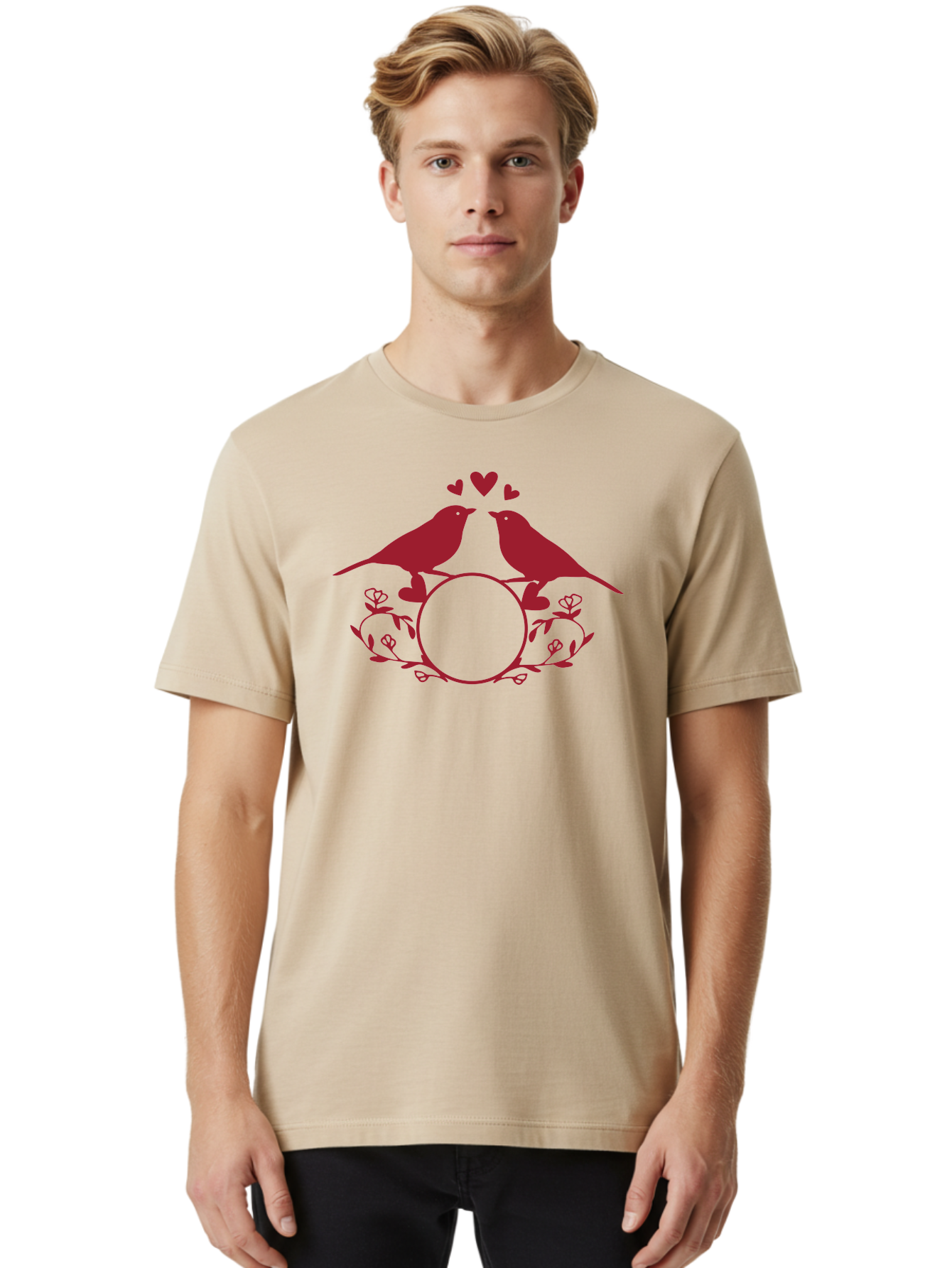 Love-Birds Men'S Graphic Tee, 100% Cotton, Comfortable Casual Summer Wear, Machine Washable, Love Birds Kissing, Heart Shaped Frame, Floral Design, Loving Couple, Romance, Love Birds Together, Tender Moment Aac972