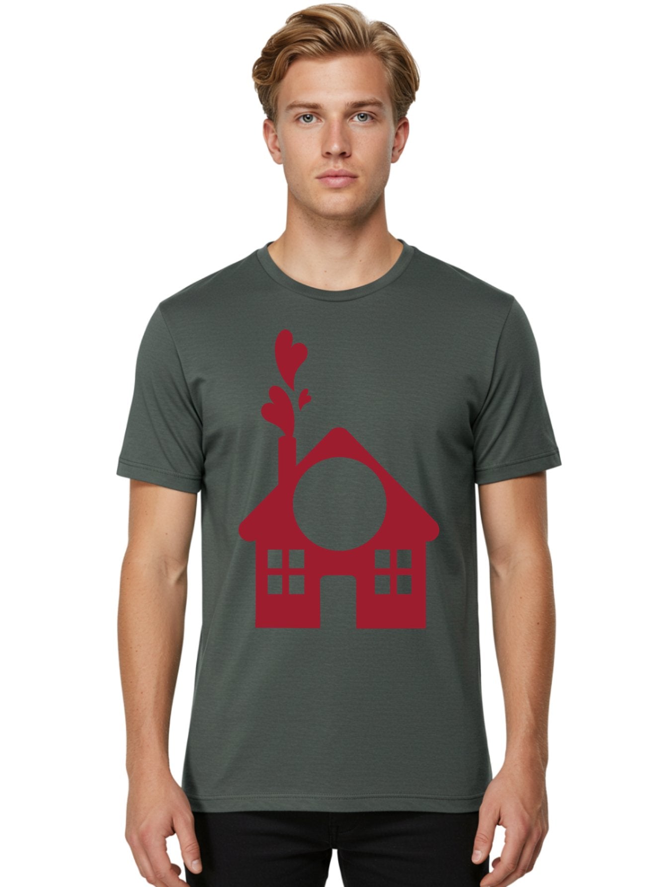 Love-Home Men'S Graphic Tee, 100% Cotton, Comfortable Casual Summer Wear, Machine Washable, Cozy Home, Red House, Heart Shaped Leaves, Chimney With Hearts, Simple Home Design, Modern House Illustration, Love Symbol, Heartwarming Home, Aac974 16