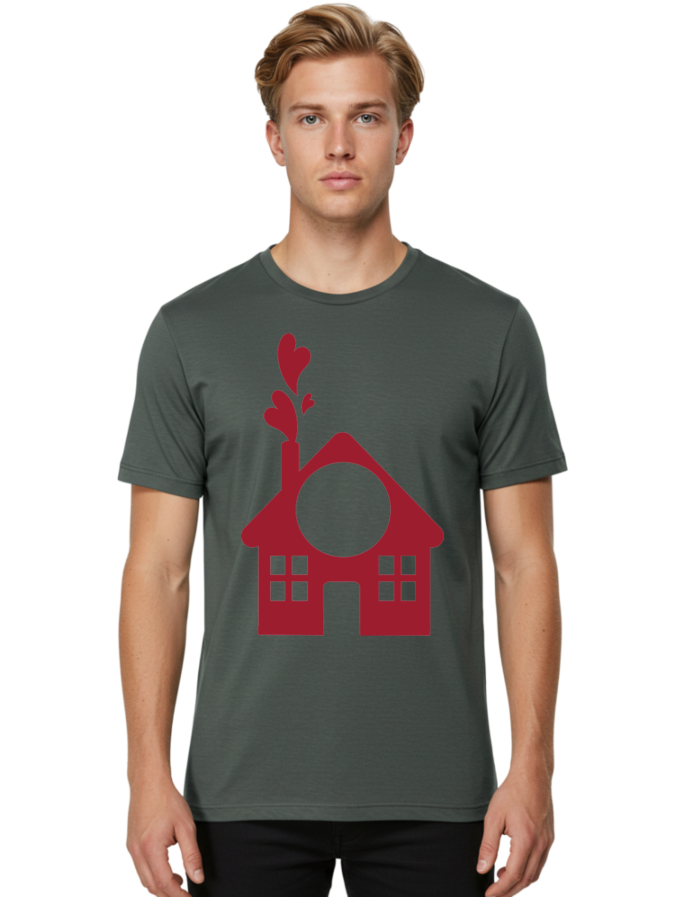 Love-Home Men'S Graphic Tee, 100% Cotton, Comfortable Casual Summer Wear, Machine Washable, Cozy Home, Red House, Heart Shaped Leaves, Chimney With Hearts, Simple Home Design, Modern House Illustration, Love Symbol, Heartwarming Home, Aac974 26