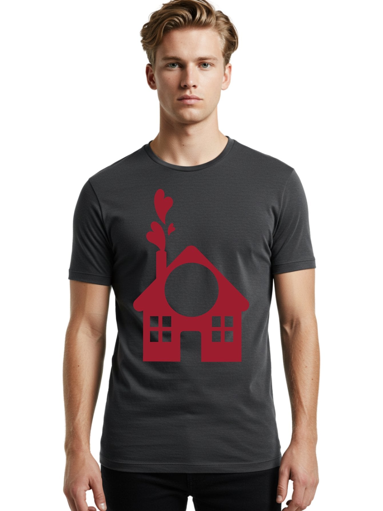 Love-Home Men'S Graphic Tee, 100% Cotton, Comfortable Casual Summer Wear, Machine Washable, Cozy Home, Red House, Heart Shaped Leaves, Chimney With Hearts, Simple Home Design, Modern House Illustration, Love Symbol, Heartwarming Home, Aac974 19