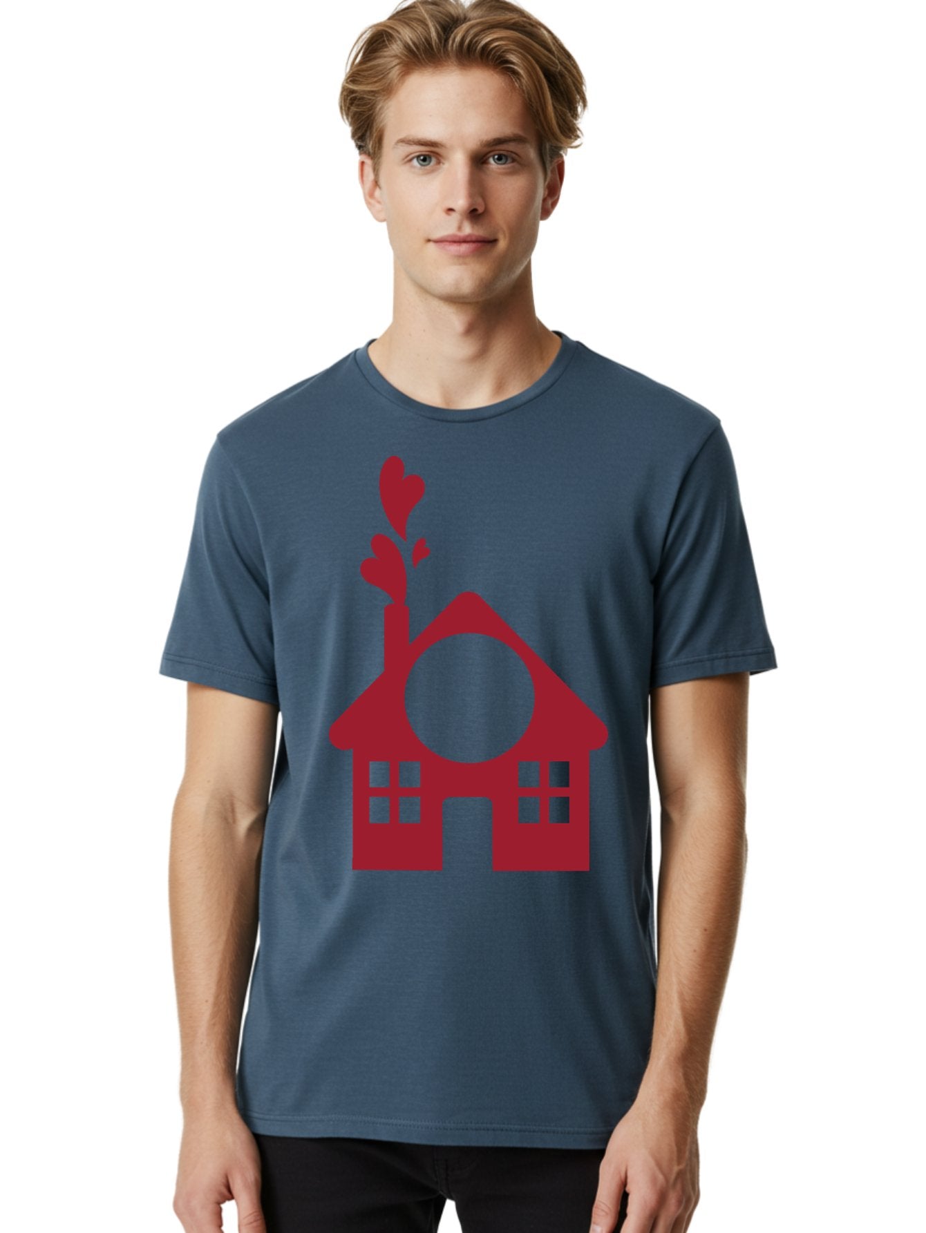 Love-Home Men'S Graphic Tee, 100% Cotton, Comfortable Casual Summer Wear, Machine Washable, Cozy Home, Red House, Heart Shaped Leaves, Chimney With Hearts, Simple Home Design, Modern House Illustration, Love Symbol, Heartwarming Home, Aac974 20