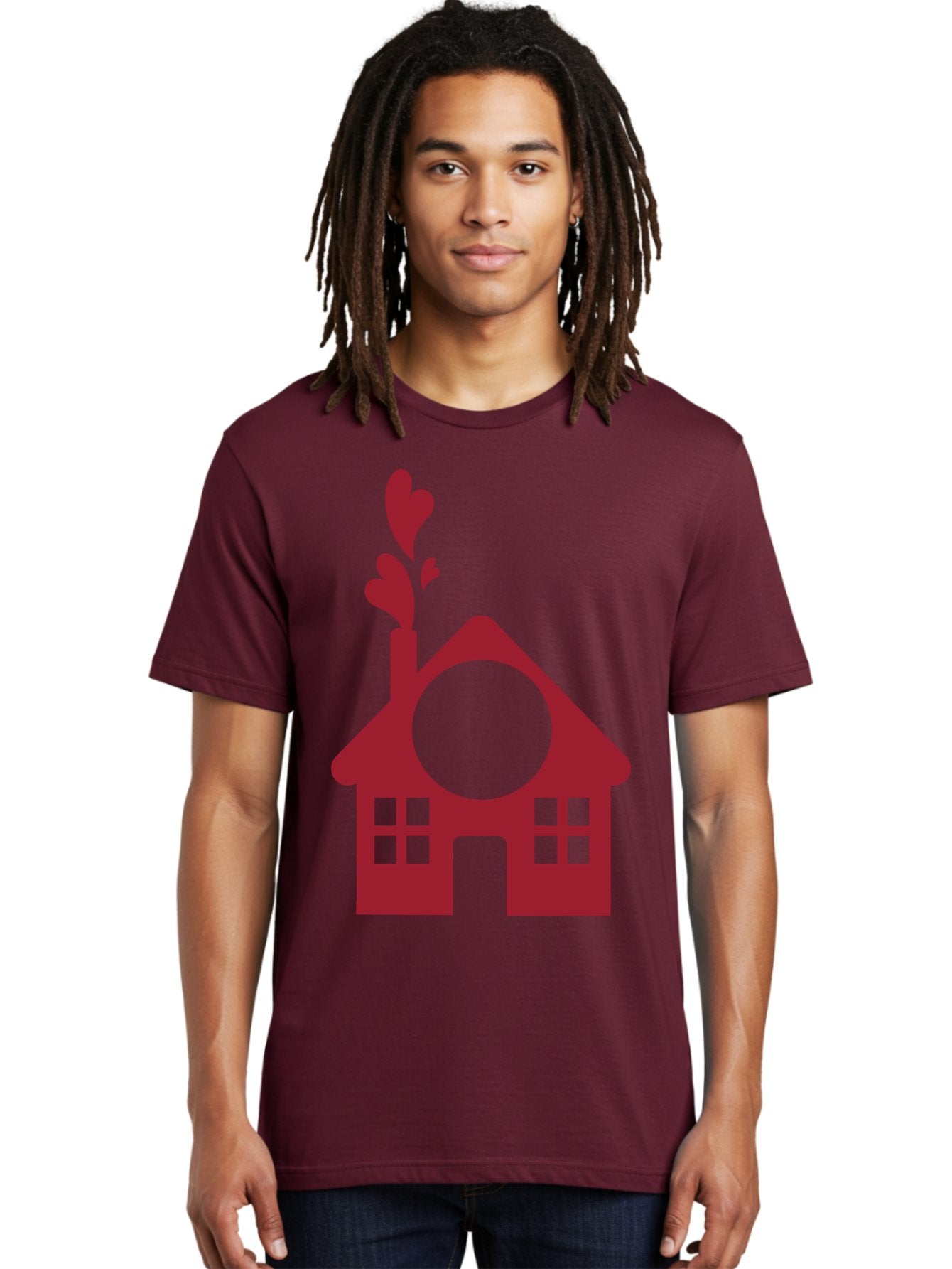 Love-Home Men'S Graphic Tee, 100% Cotton, Comfortable Casual Summer Wear, Machine Washable, Cozy Home, Red House, Heart Shaped Leaves, Chimney With Hearts, Simple Home Design, Modern House Illustration, Love Symbol, Heartwarming Home, Aac974 24