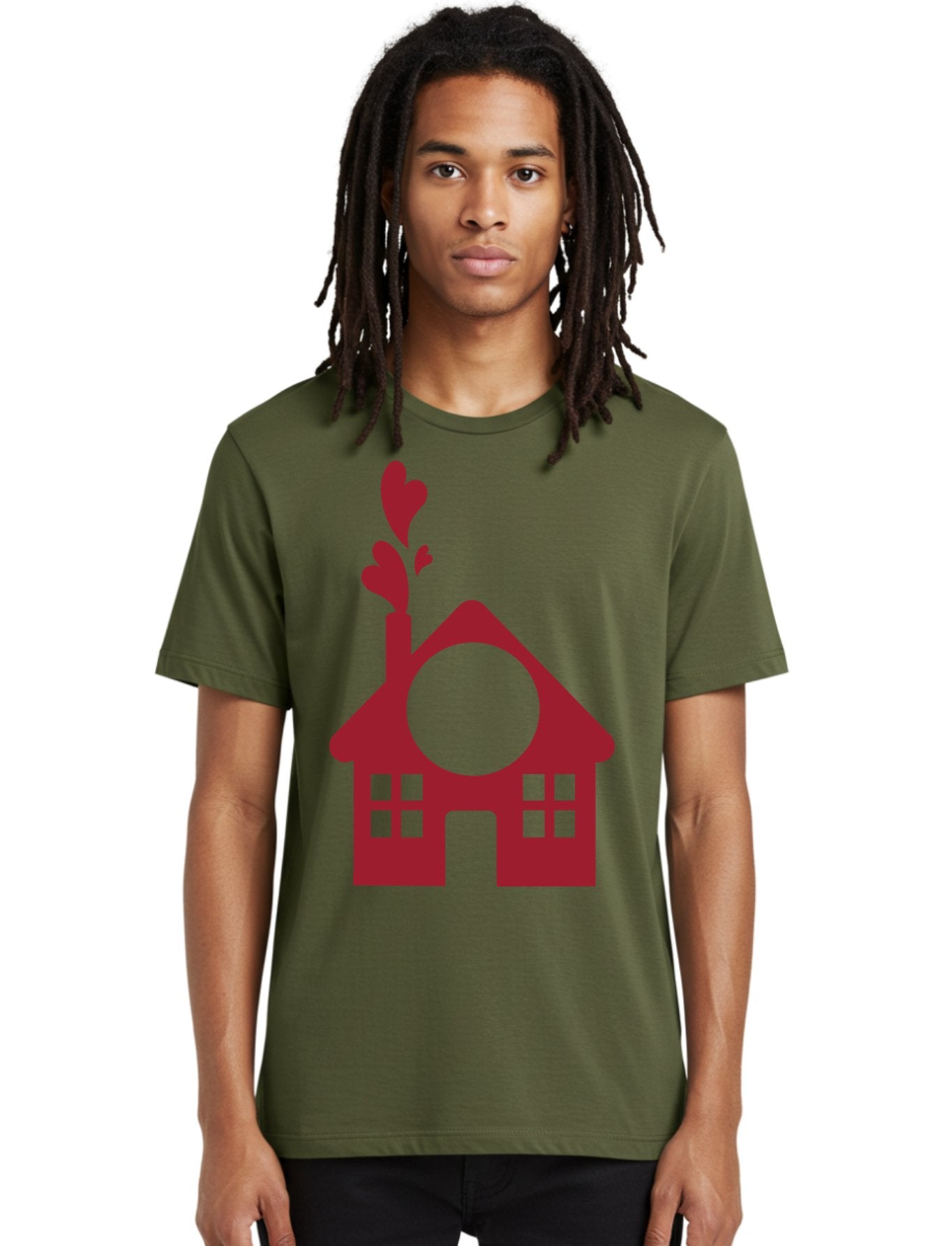 Love-Home Men'S Graphic Tee, 100% Cotton, Comfortable Casual Summer Wear, Machine Washable, Cozy Home, Red House, Heart Shaped Leaves, Chimney With Hearts, Simple Home Design, Modern House Illustration, Love Symbol, Heartwarming Home, Aac974 21