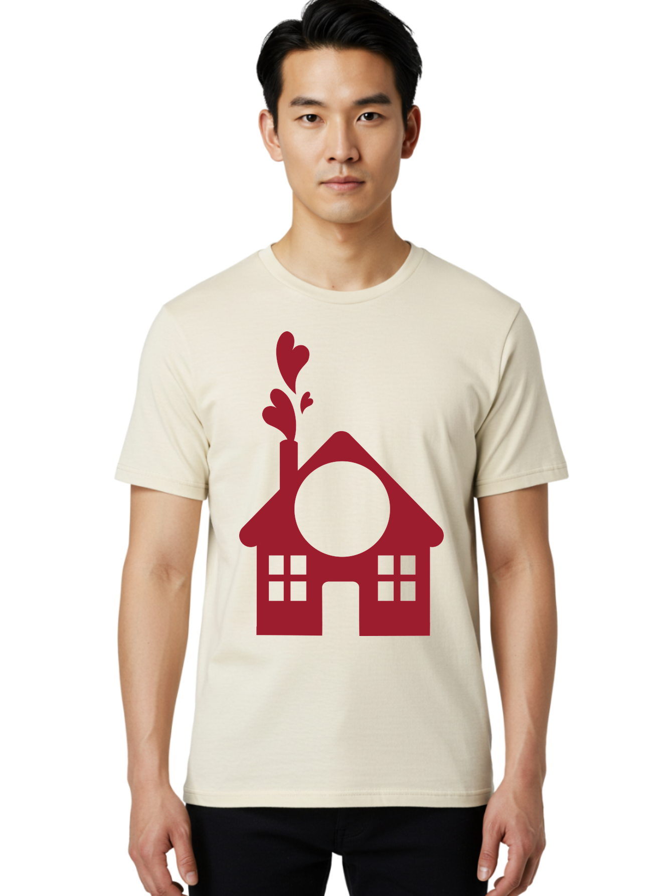 Love-Home Men'S Graphic Tee, 100% Cotton, Comfortable Casual Summer Wear, Machine Washable, Cozy Home, Red House, Heart Shaped Leaves, Chimney With Hearts, Simple Home Design, Modern House Illustration, Love Symbol, Heartwarming Home, Aac974 18