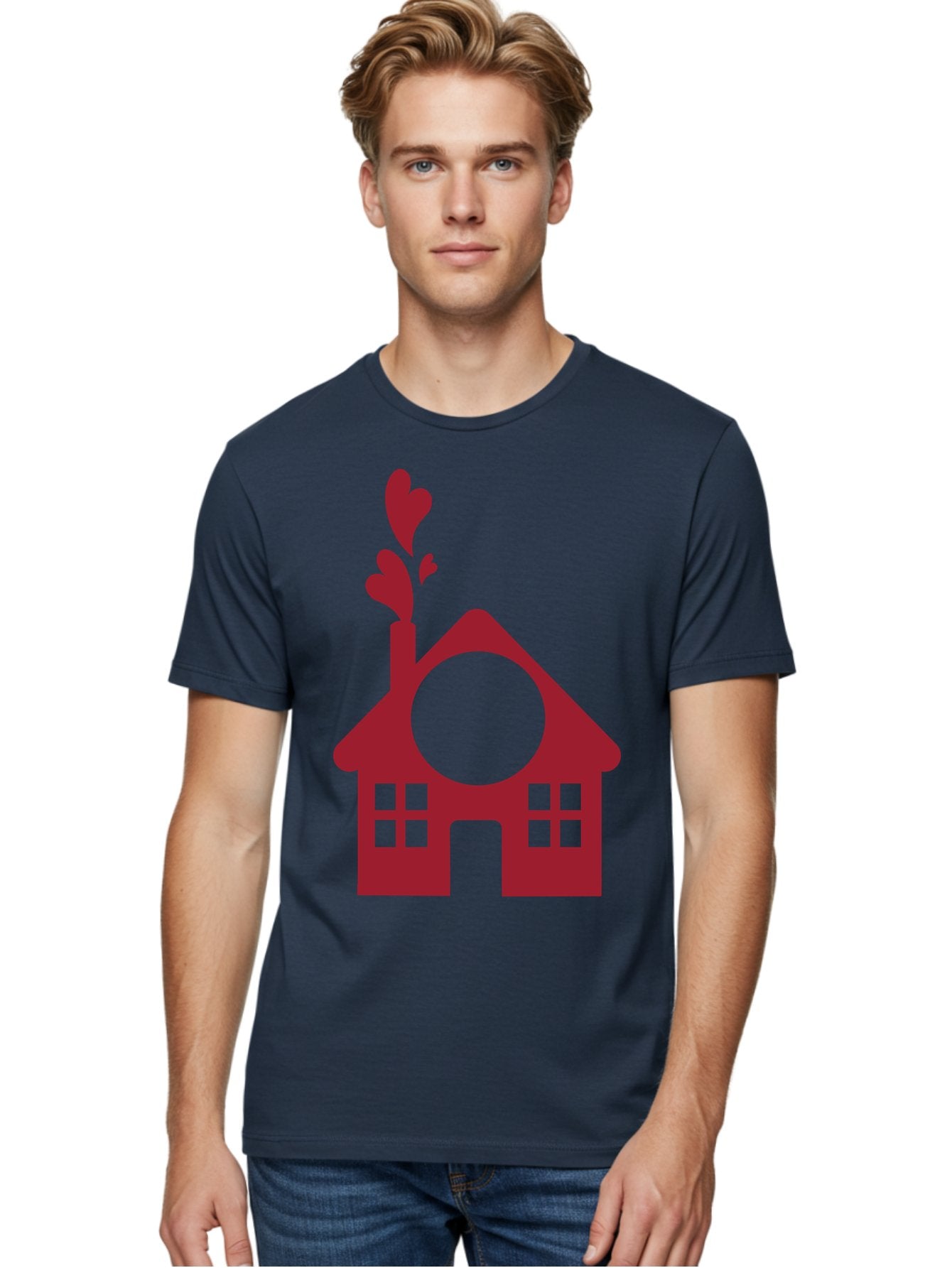 Love-Home Men'S Graphic Tee, 100% Cotton, Comfortable Casual Summer Wear, Machine Washable, Cozy Home, Red House, Heart Shaped Leaves, Chimney With Hearts, Simple Home Design, Modern House Illustration, Love Symbol, Heartwarming Home, Aac974 30