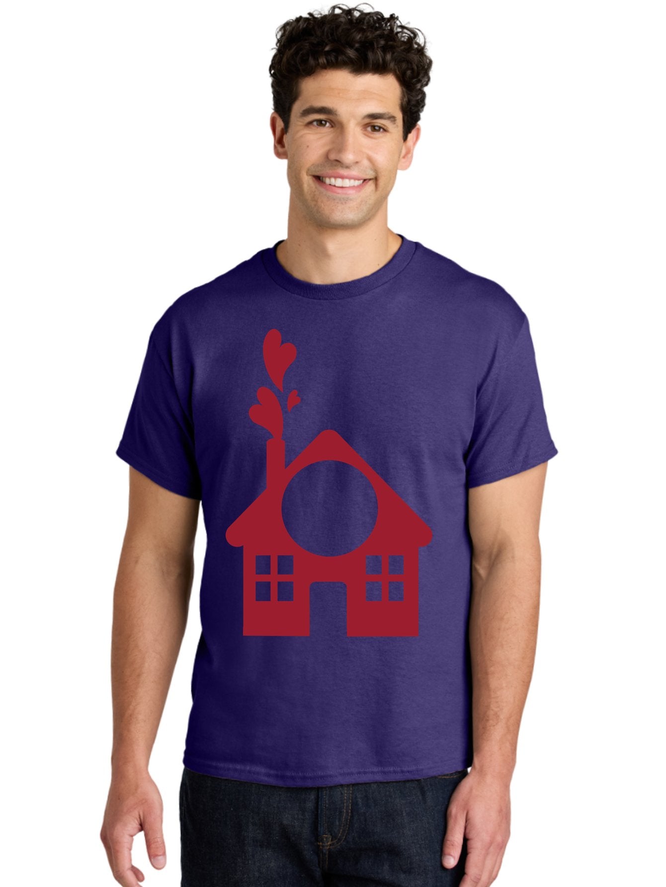 Love-Home Men'S Graphic Tee, 100% Cotton, Comfortable Casual Summer Wear, Machine Washable, Cozy Home, Red House, Heart Shaped Leaves, Chimney With Hearts, Simple Home Design, Modern House Illustration, Love Symbol, Heartwarming Home, Aac974 17