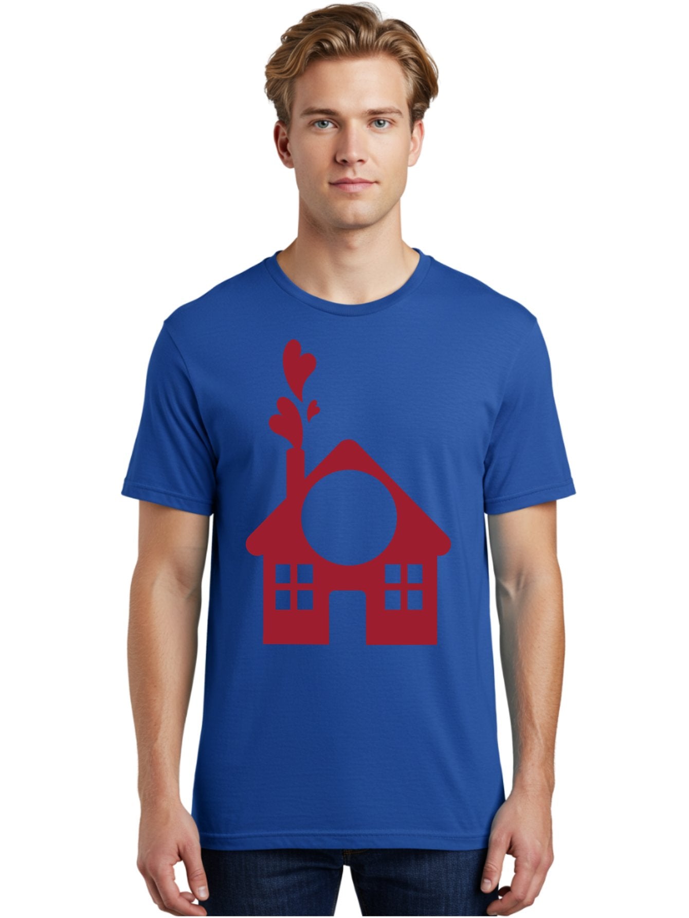 Love-Home Men'S Graphic Tee, 100% Cotton, Comfortable Casual Summer Wear, Machine Washable, Cozy Home, Red House, Heart Shaped Leaves, Chimney With Hearts, Simple Home Design, Modern House Illustration, Love Symbol, Heartwarming Home, Aac974 18
