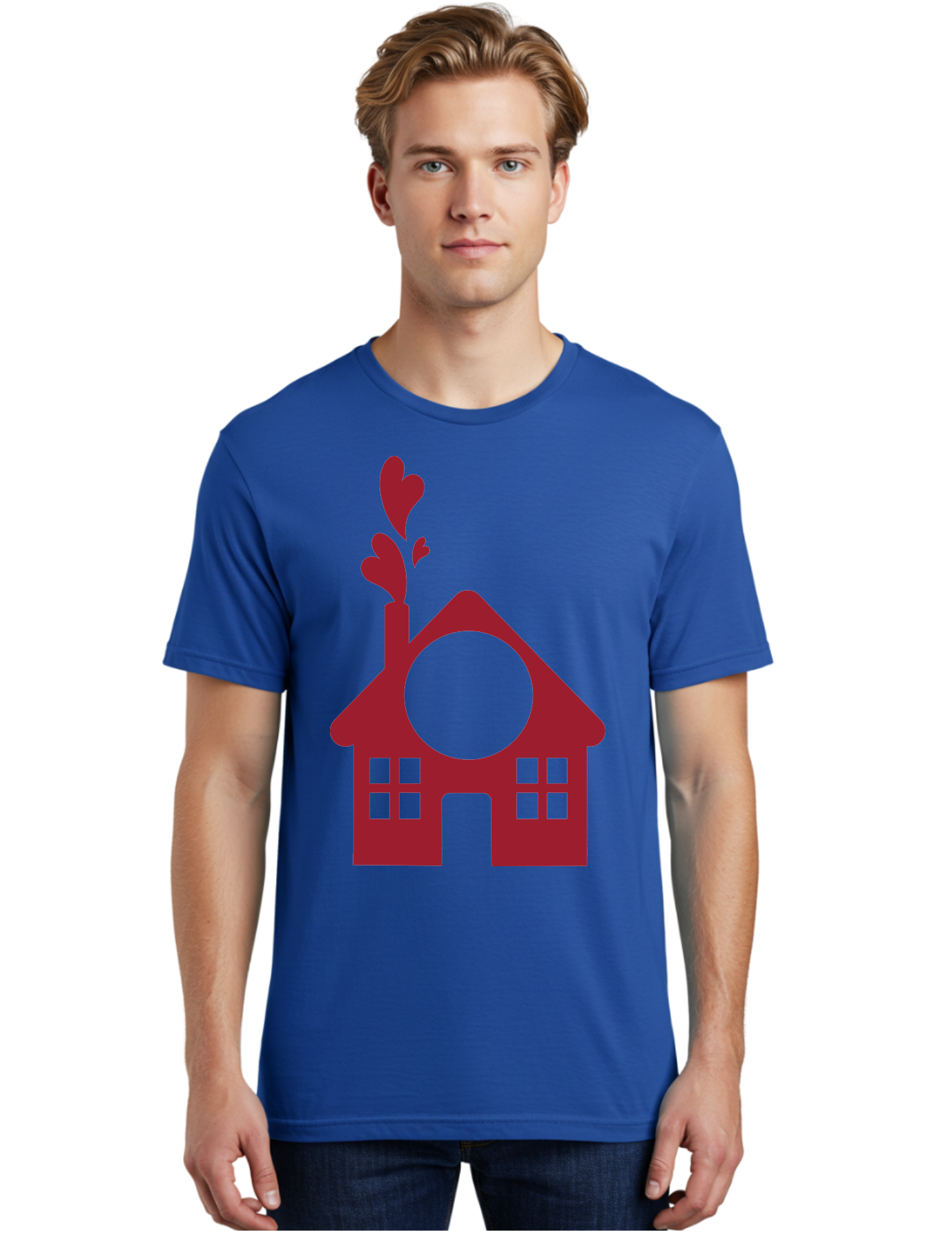 Love-Home Men'S Graphic Tee, 100% Cotton, Comfortable Casual Summer Wear, Machine Washable, Cozy Home, Red House, Heart Shaped Leaves, Chimney With Hearts, Simple Home Design, Modern House Illustration, Love Symbol, Heartwarming Home, Aac974 24