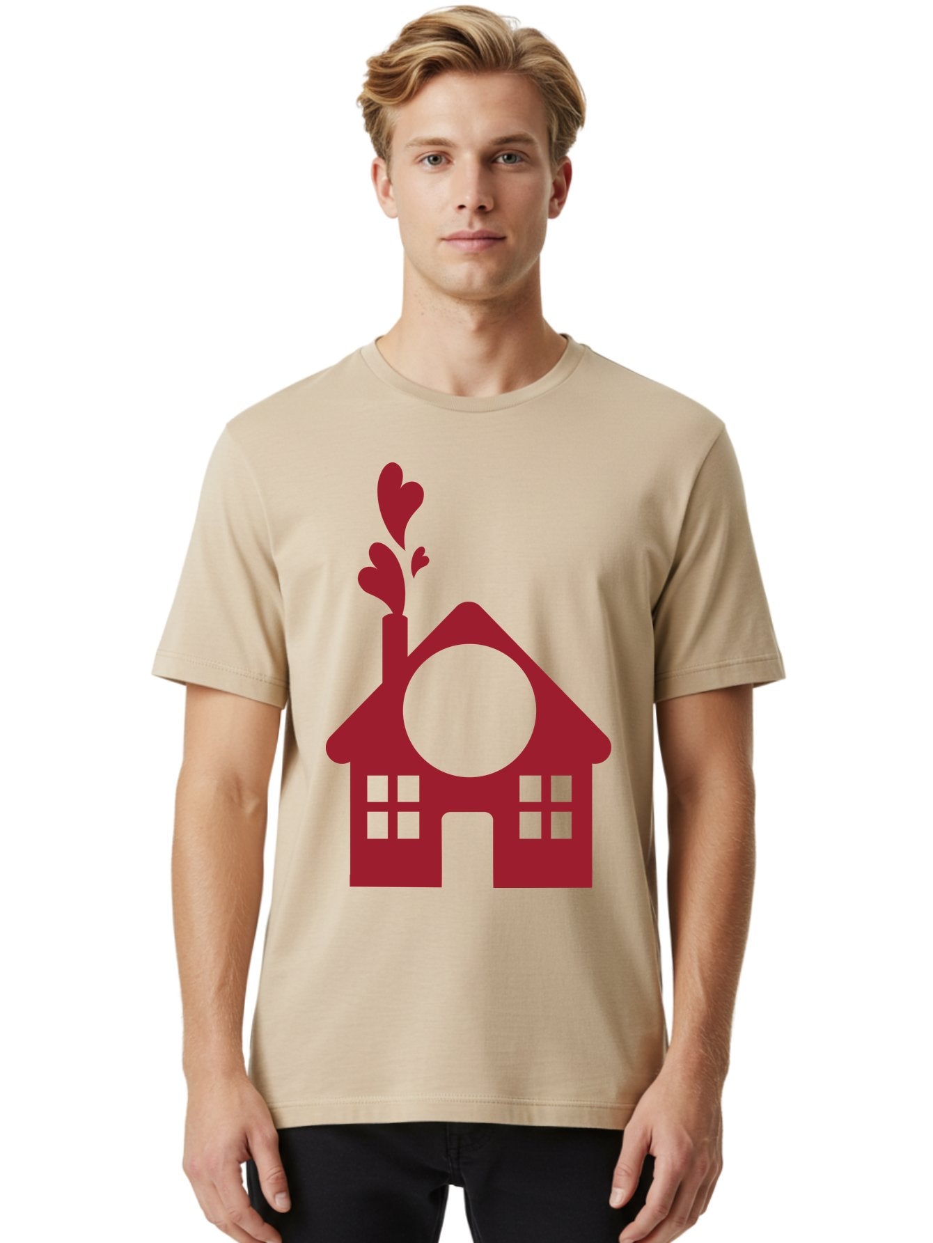 Love-Home Men'S Graphic Tee, 100% Cotton, Comfortable Casual Summer Wear, Machine Washable, Cozy Home, Red House, Heart Shaped Leaves, Chimney With Hearts, Simple Home Design, Modern House Illustration, Love Symbol, Heartwarming Home, Aac974 25