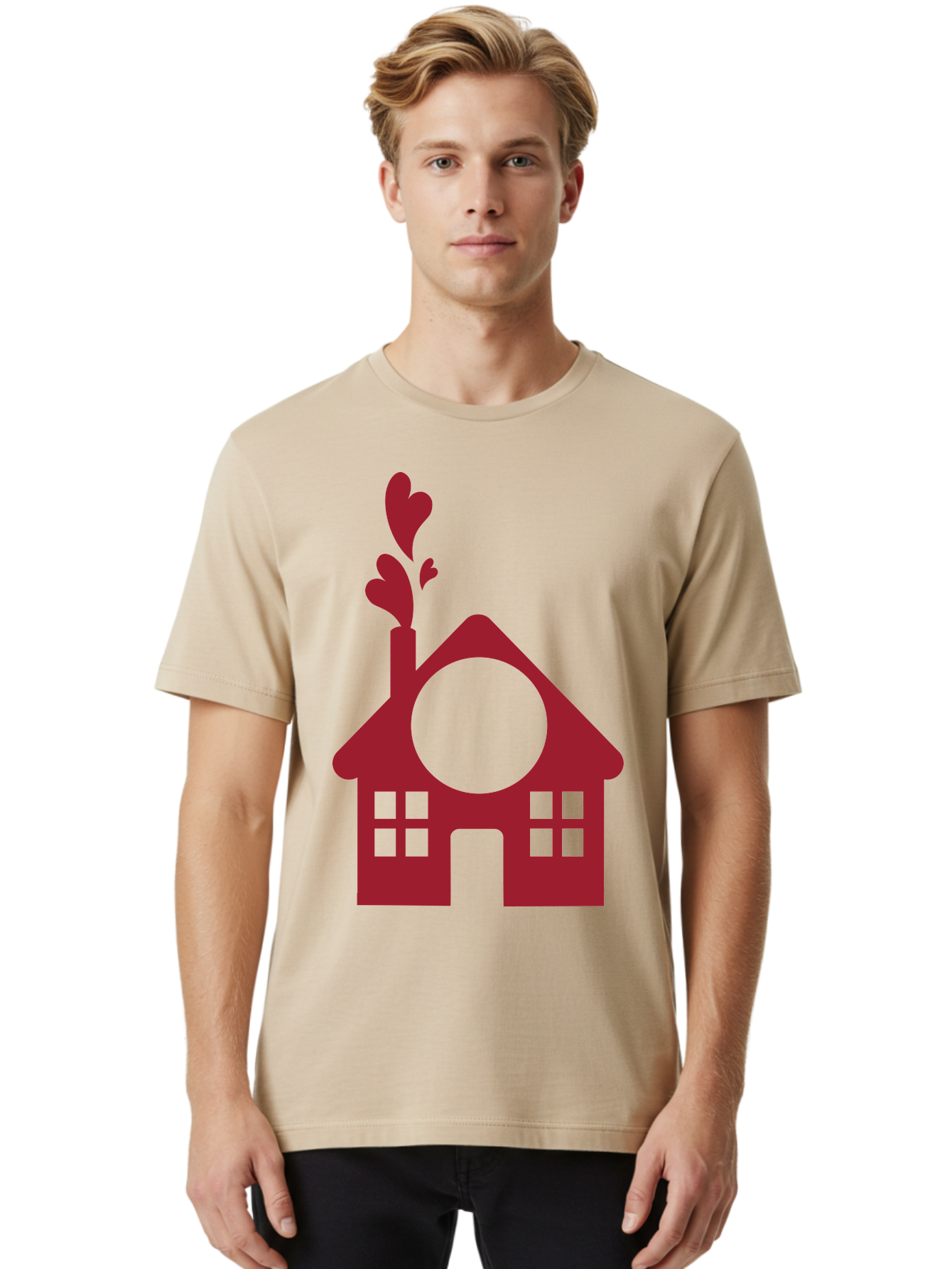 Love-Home Men'S Graphic Tee, 100% Cotton, Comfortable Casual Summer Wear, Machine Washable, Cozy Home, Red House, Heart Shaped Leaves, Chimney With Hearts, Simple Home Design, Modern House Illustration, Love Symbol, Heartwarming Home, Aac974 12