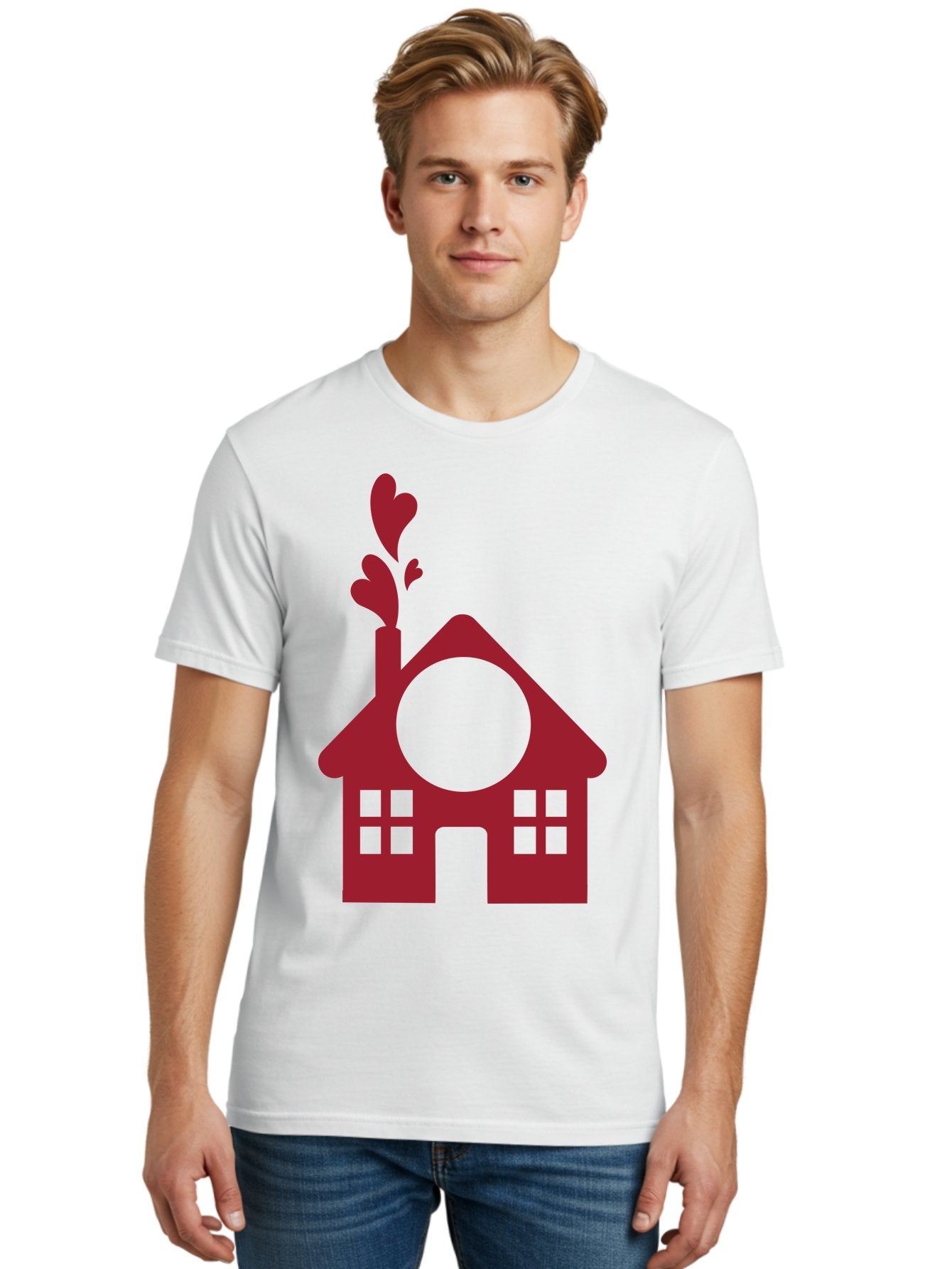 Love-Home Men'S Graphic Tee, 100% Cotton, Comfortable Casual Summer Wear, Machine Washable, Cozy Home, Red House, Heart Shaped Leaves, Chimney With Hearts, Simple Home Design, Modern House Illustration, Love Symbol, Heartwarming Home, Aac974 23
