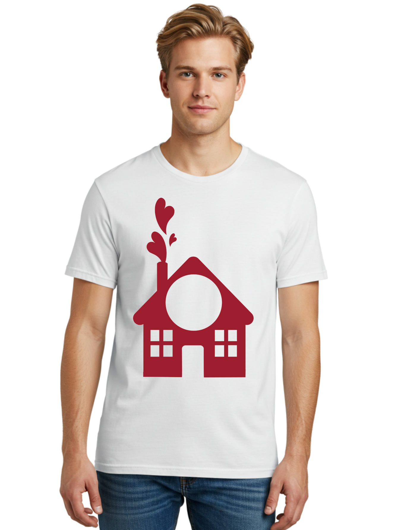 Love-Home Men'S Graphic Tee, 100% Cotton, Comfortable Casual Summer Wear, Machine Washable, Cozy Home, Red House, Heart Shaped Leaves, Chimney With Hearts, Simple Home Design, Modern House Illustration, Love Symbol, Heartwarming Home, Aac974 16