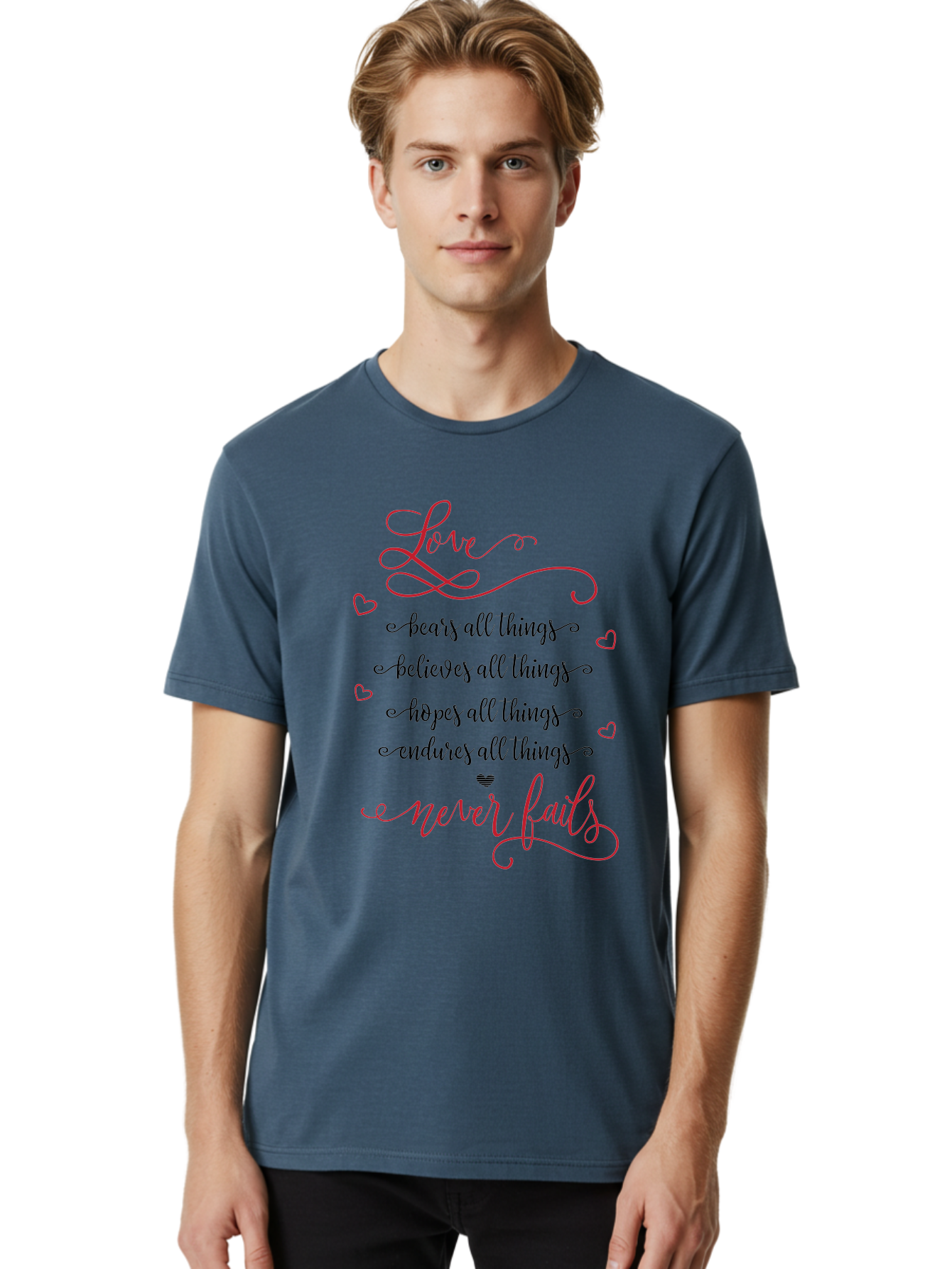 Love-Never-Fails Men'S Graphic Tee, 100% Cotton, Comfortable Casual Summer Wear, Machine Washable, Love Quote, Inspirational Quote, Positive Affirmation, Heartwarming Message, Faith, Hope, Charity, 1 Corinthians 13:8 Aac980 8