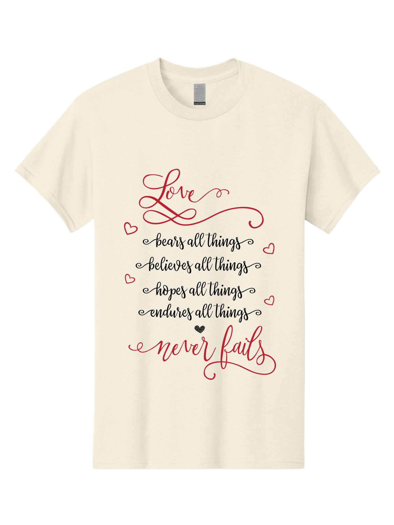 Love-Never-Fails Men'S Graphic Tee, 100% Cotton, Comfortable Casual Summer Wear, Machine Washable, Love Quote, Inspirational Quote, Positive Affirmation, Heartwarming Message, Faith, Hope, Charity, 1 Corinthians 13:8 Aac980